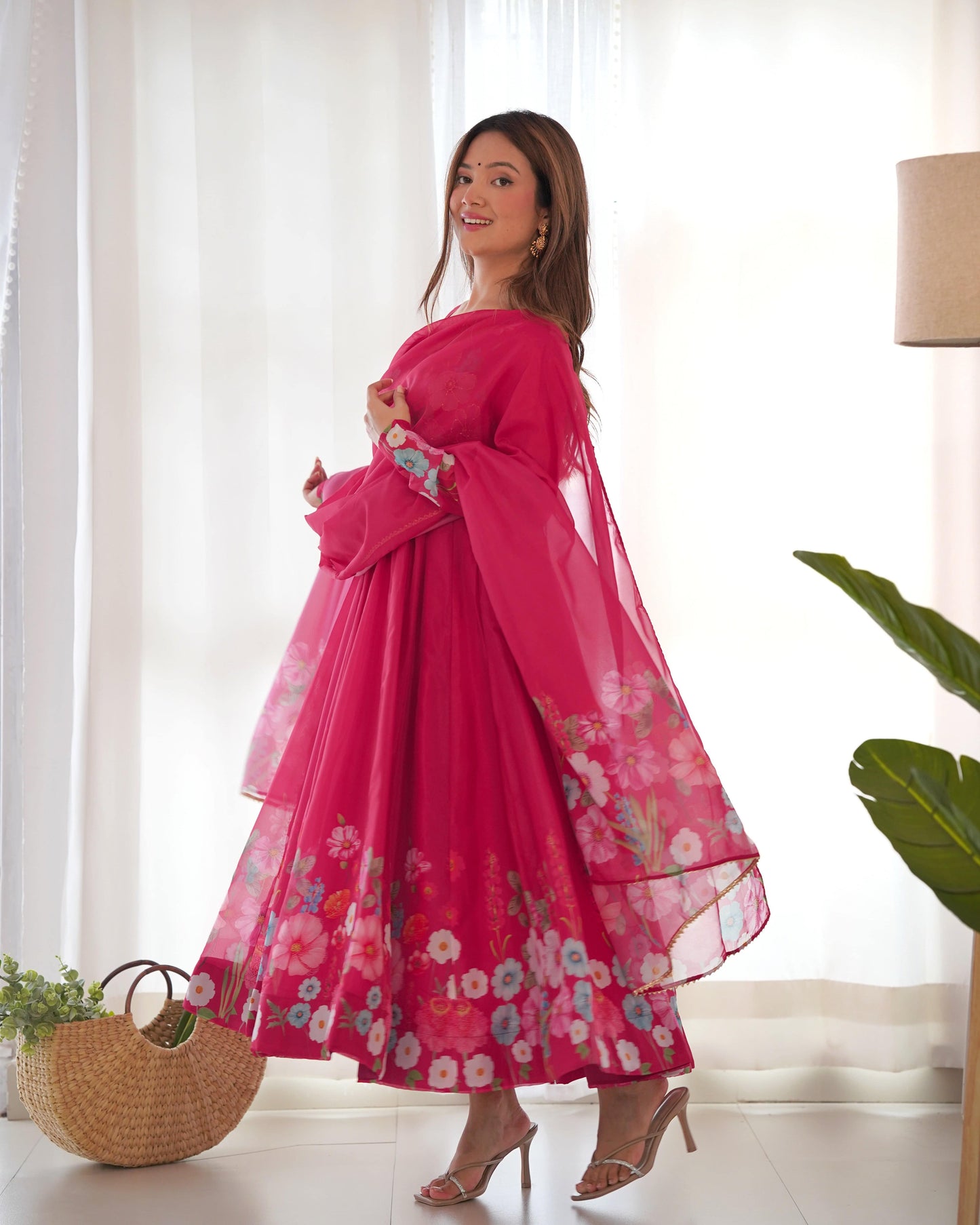 Breathtaking Organza Silk Floral Printed Designer Anarkali Pant Suit - INDIAN ELEGANCE
