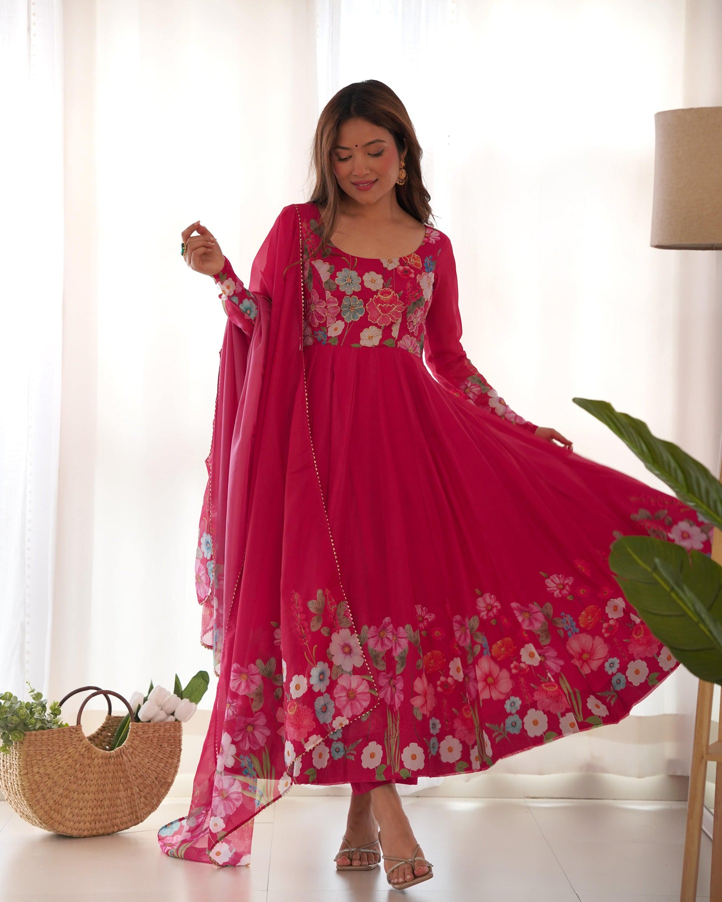 Breathtaking Organza Silk Floral Printed Designer Anarkali Pant Suit - INDIAN ELEGANCE