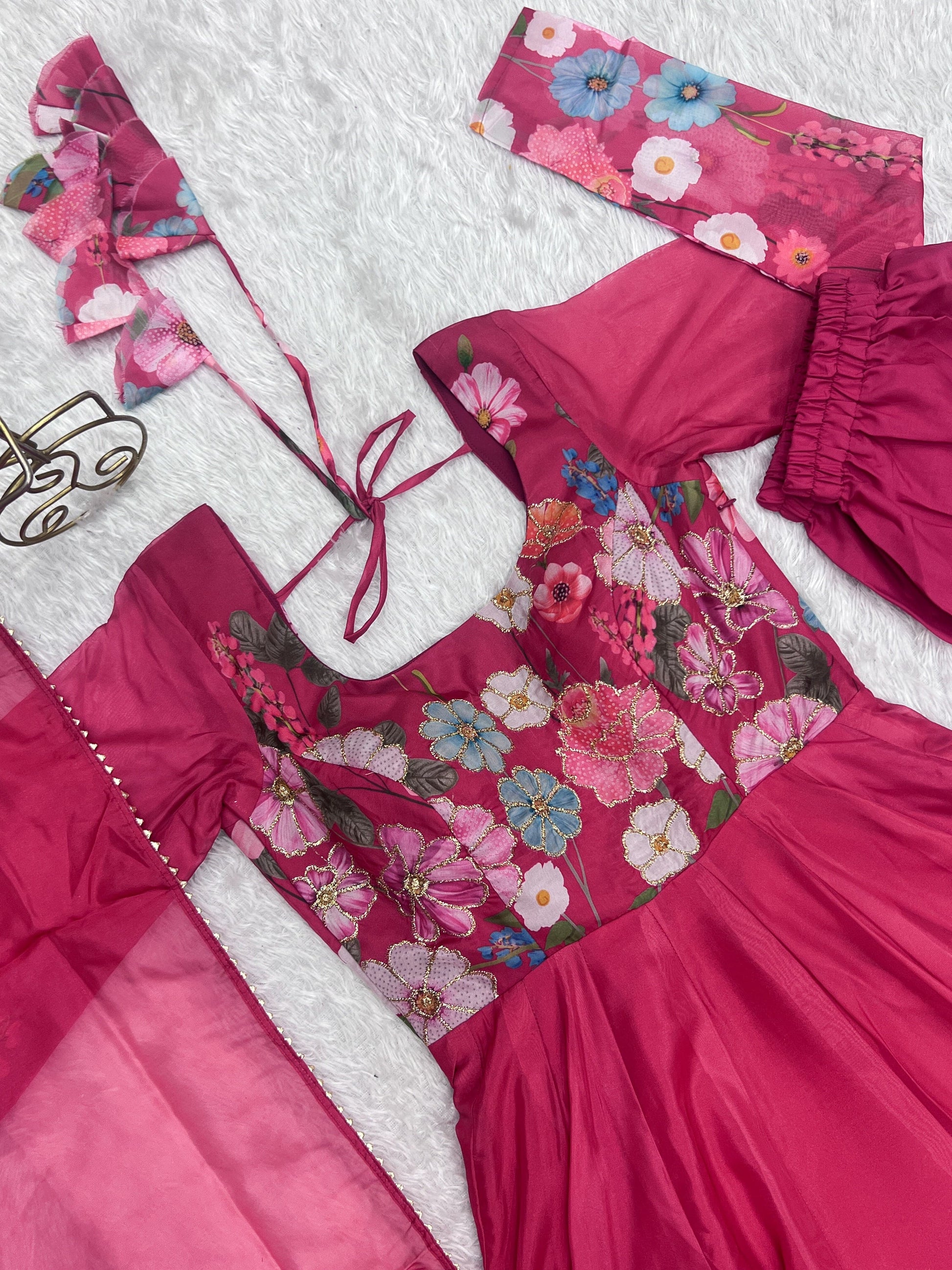 Breathtaking Organza Silk Floral Printed Designer Anarkali Pant Suit - INDIAN ELEGANCE