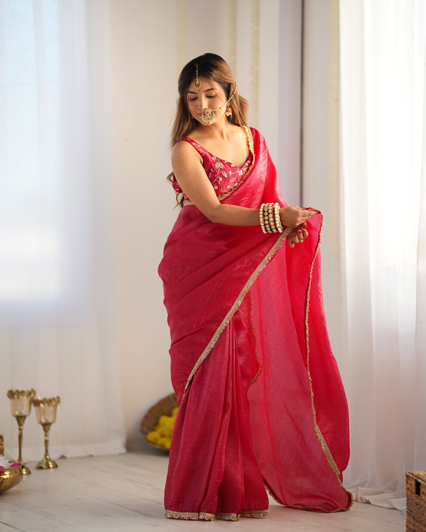 Exquisite Rani Pink Crush Tissue Silk Ready To Wear Saree - INDIAN ELEGANCE
