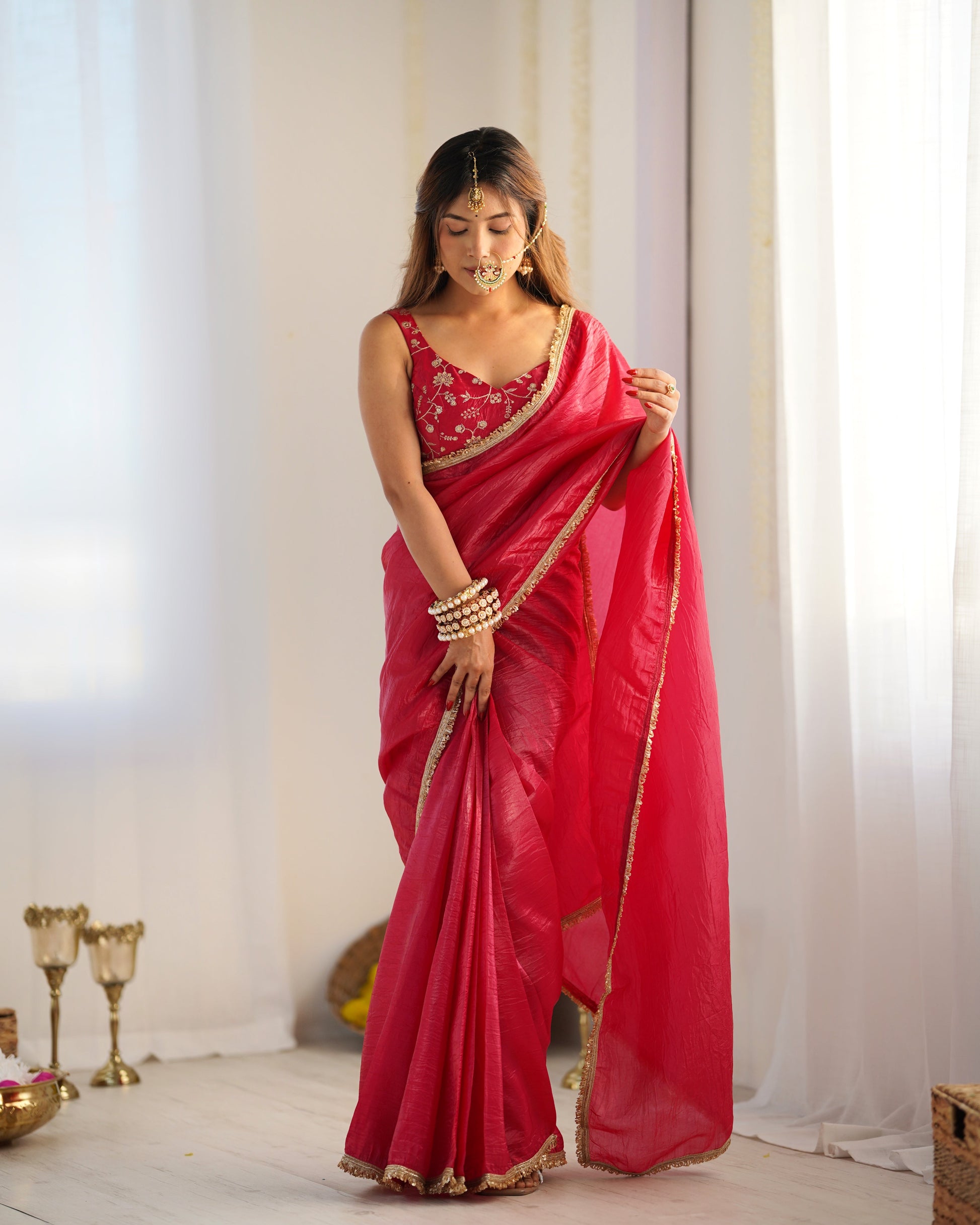 Exquisite Rani Pink Crush Tissue Silk Ready To Wear Saree - INDIAN ELEGANCE