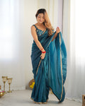 Alluring Teal Blue Crush Tissue Silk Ready To Wear Saree -Fully Stiched Blouse