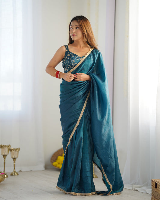 Alluring Teal Blue Crush Tissue Silk Ready To Wear Saree - INDIAN ELEGANCE