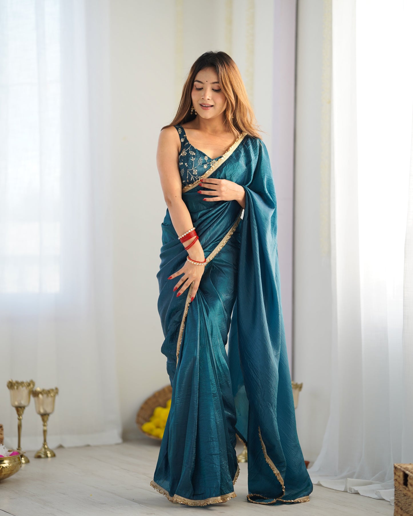 Alluring Teal Blue Crush Tissue Silk Ready To Wear Saree - INDIAN ELEGANCE