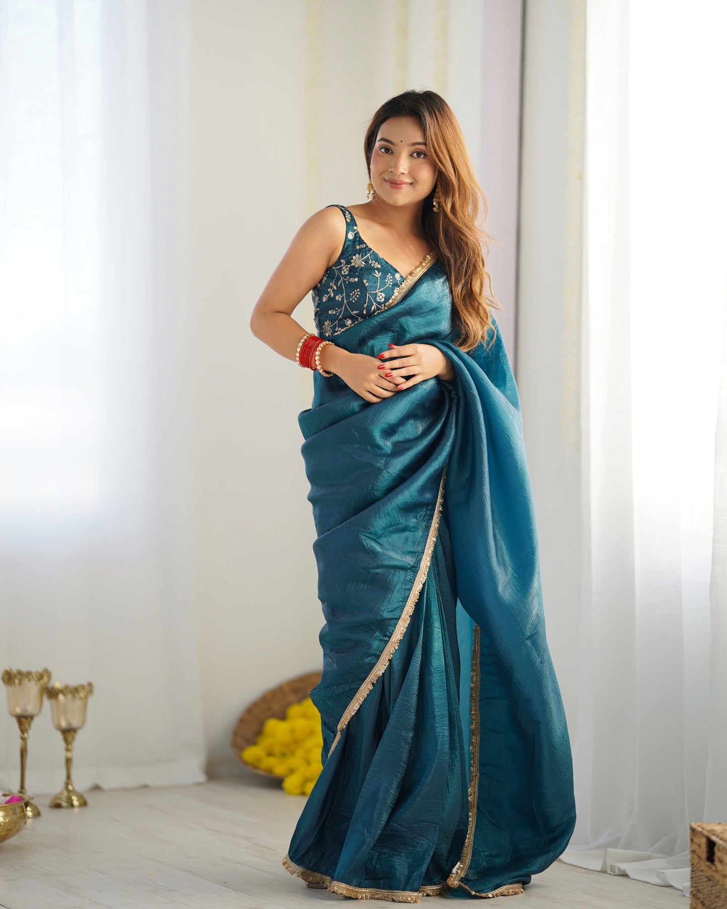 Alluring Teal Blue Crush Tissue Silk Ready To Wear Saree - INDIAN ELEGANCE