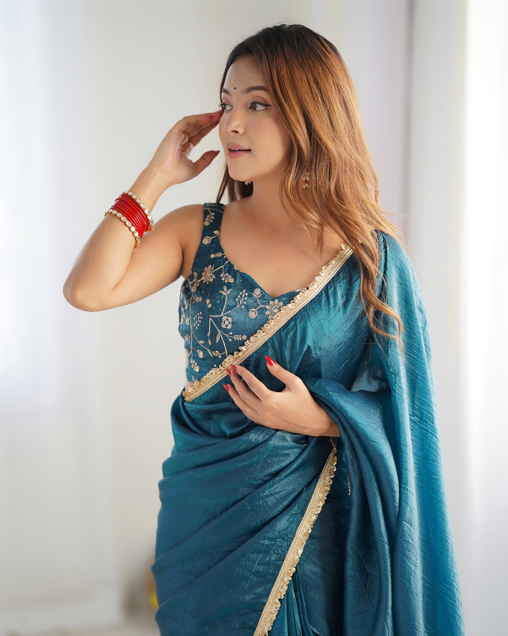 Alluring Teal Blue Crush Tissue Silk Ready To Wear Saree - INDIAN ELEGANCE