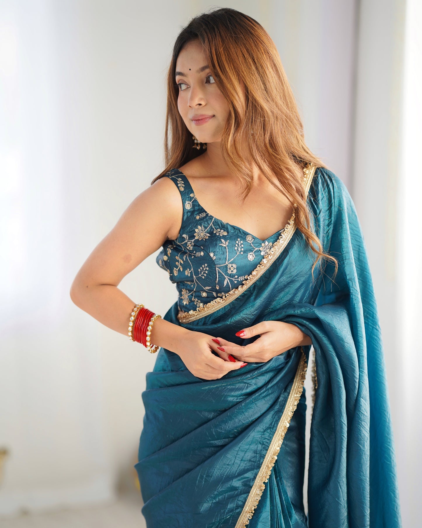 Alluring Teal Blue Crush Tissue Silk Ready To Wear Saree - INDIAN ELEGANCE