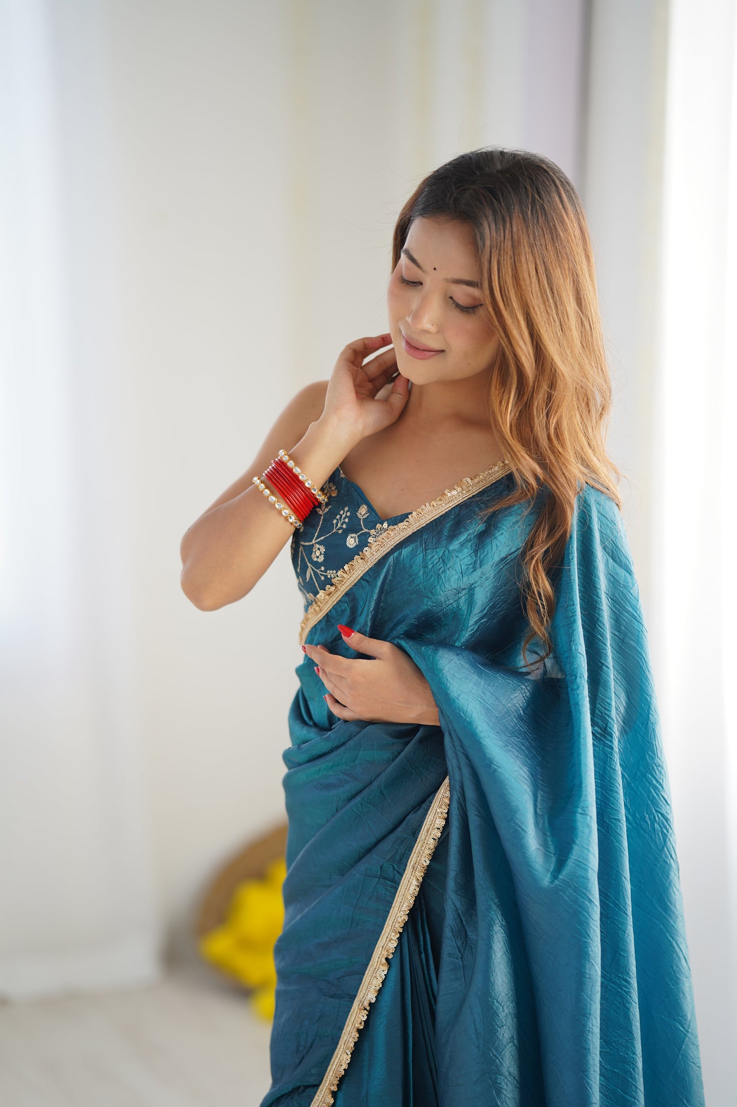Alluring Teal Blue Crush Tissue Silk Ready To Wear Saree - INDIAN ELEGANCE