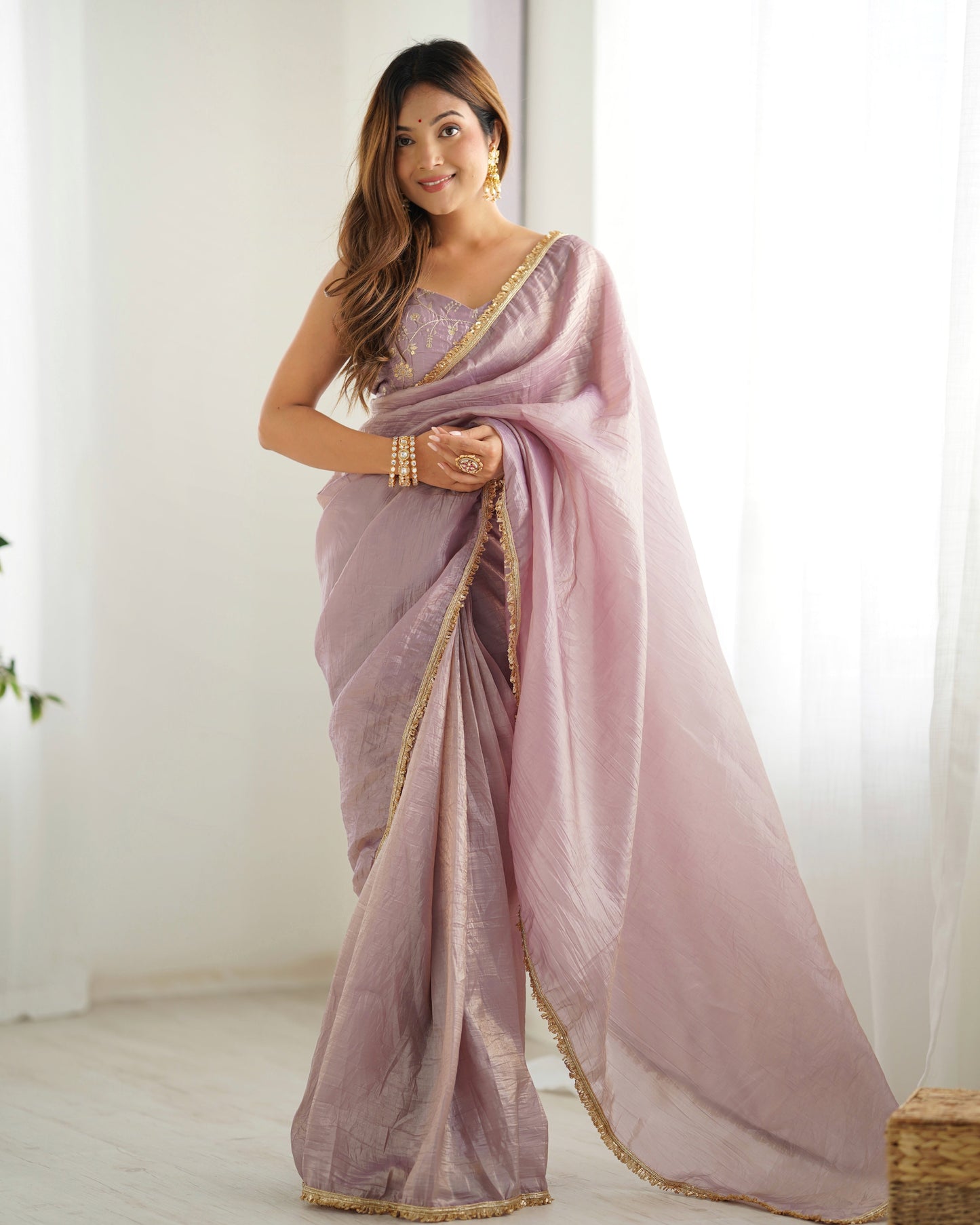 Lovely Light Dusty Mauve Gold Crush Tissue Silk Ready To Wear Saree - INDIAN ELEGANCE