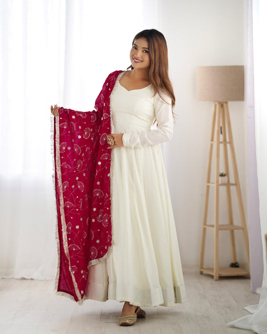 Winsome White Vichitra Silk Anarkali Pant Set With Beautiful Dupatta - INDIAN ELEGANCE