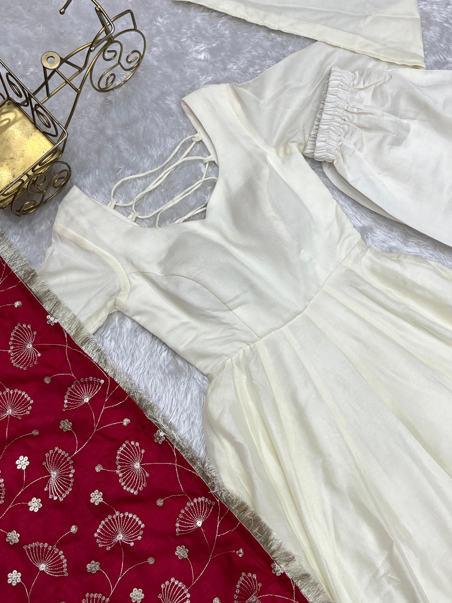 Winsome White Vichitra Silk Anarkali Pant Set With Beautiful Dupatta - INDIAN ELEGANCE