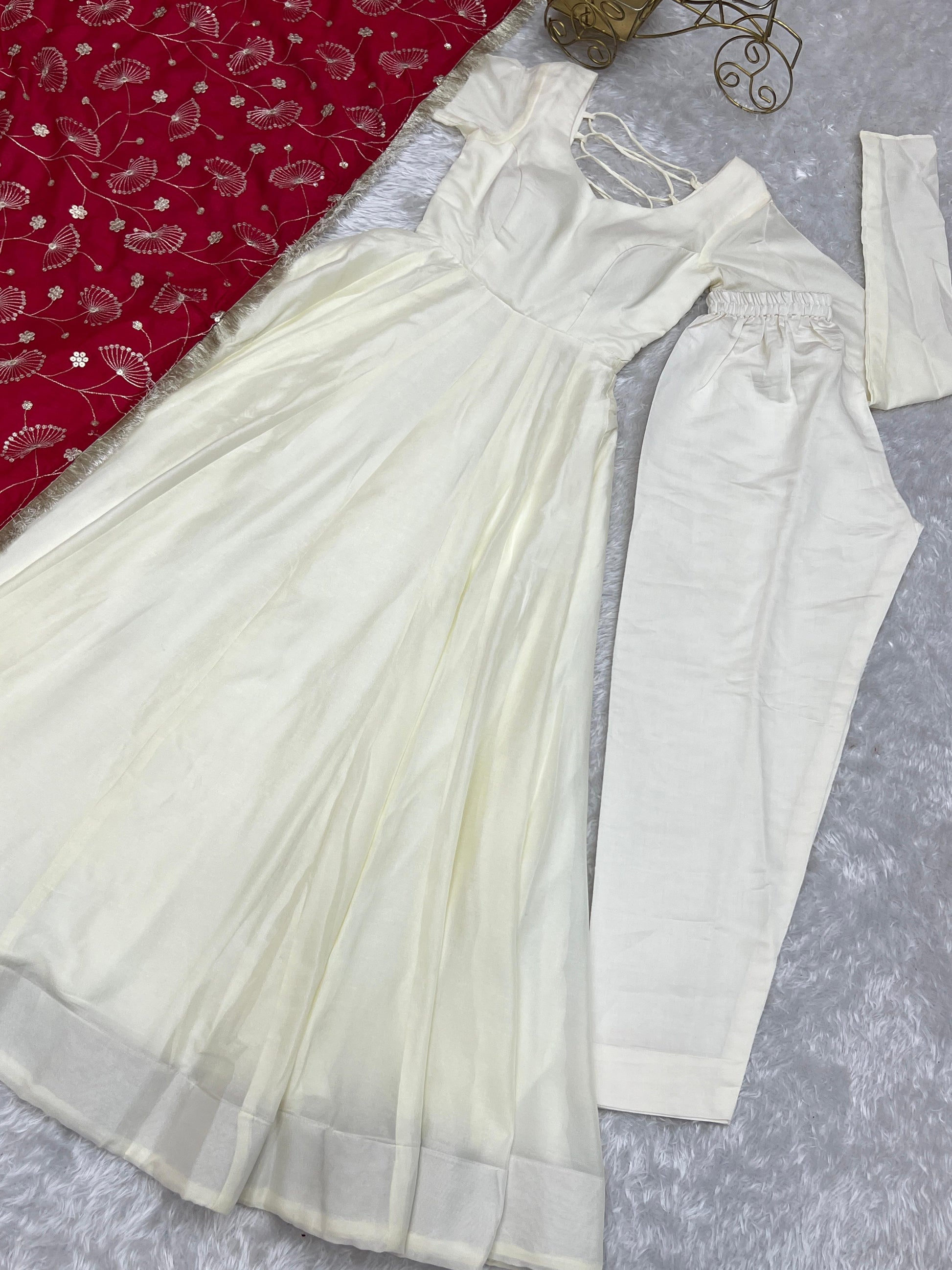 Winsome White Vichitra Silk Anarkali Pant Set With Beautiful Dupatta - INDIAN ELEGANCE