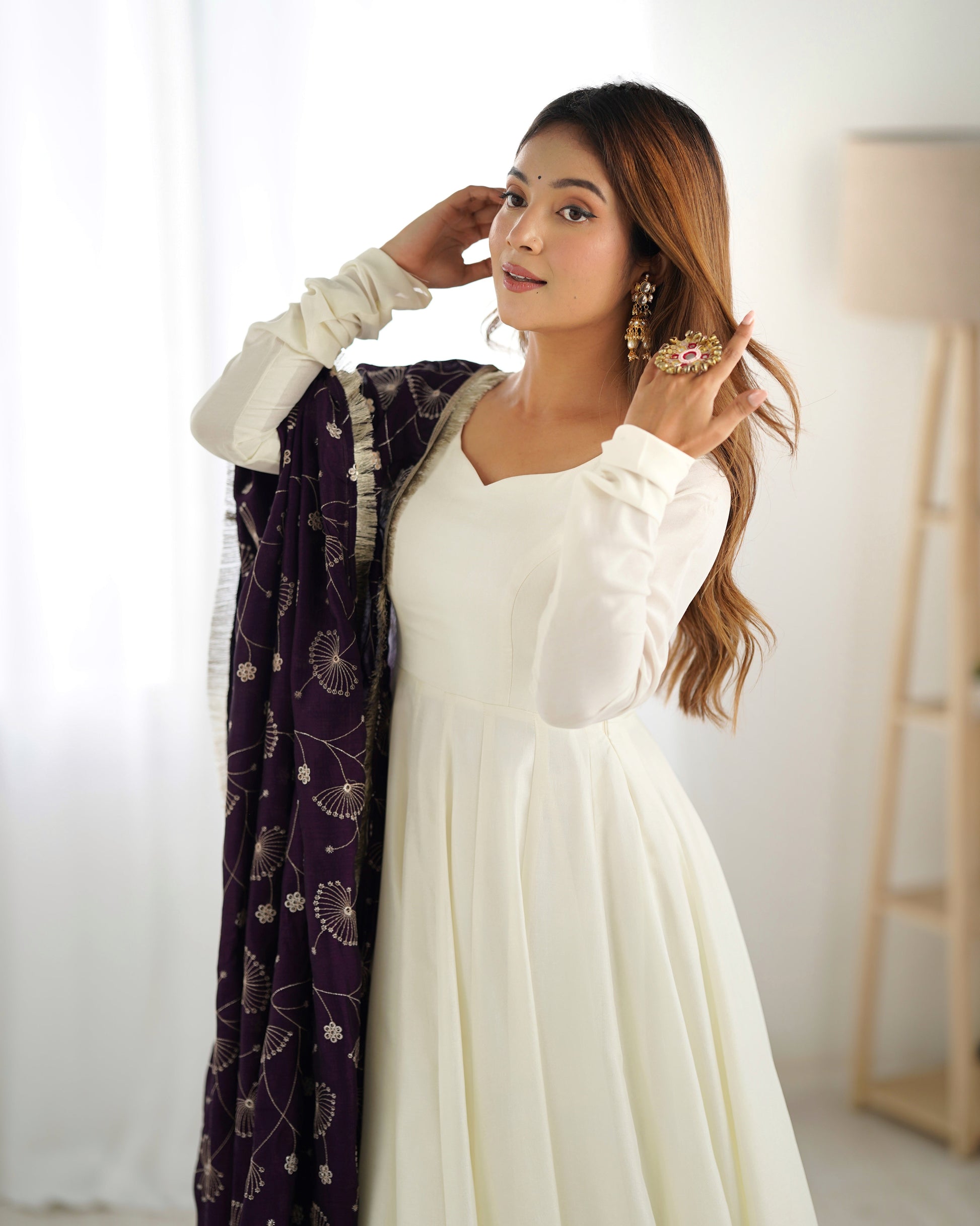 Winsome White Vichitra Silk Anarkali Pant Set With Beautiful Dupatta - INDIAN ELEGANCE