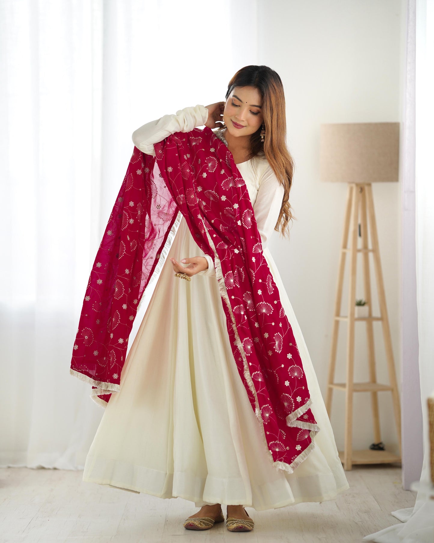 Winsome White Vichitra Silk Anarkali Pant Set With Beautiful Dupatta - INDIAN ELEGANCE