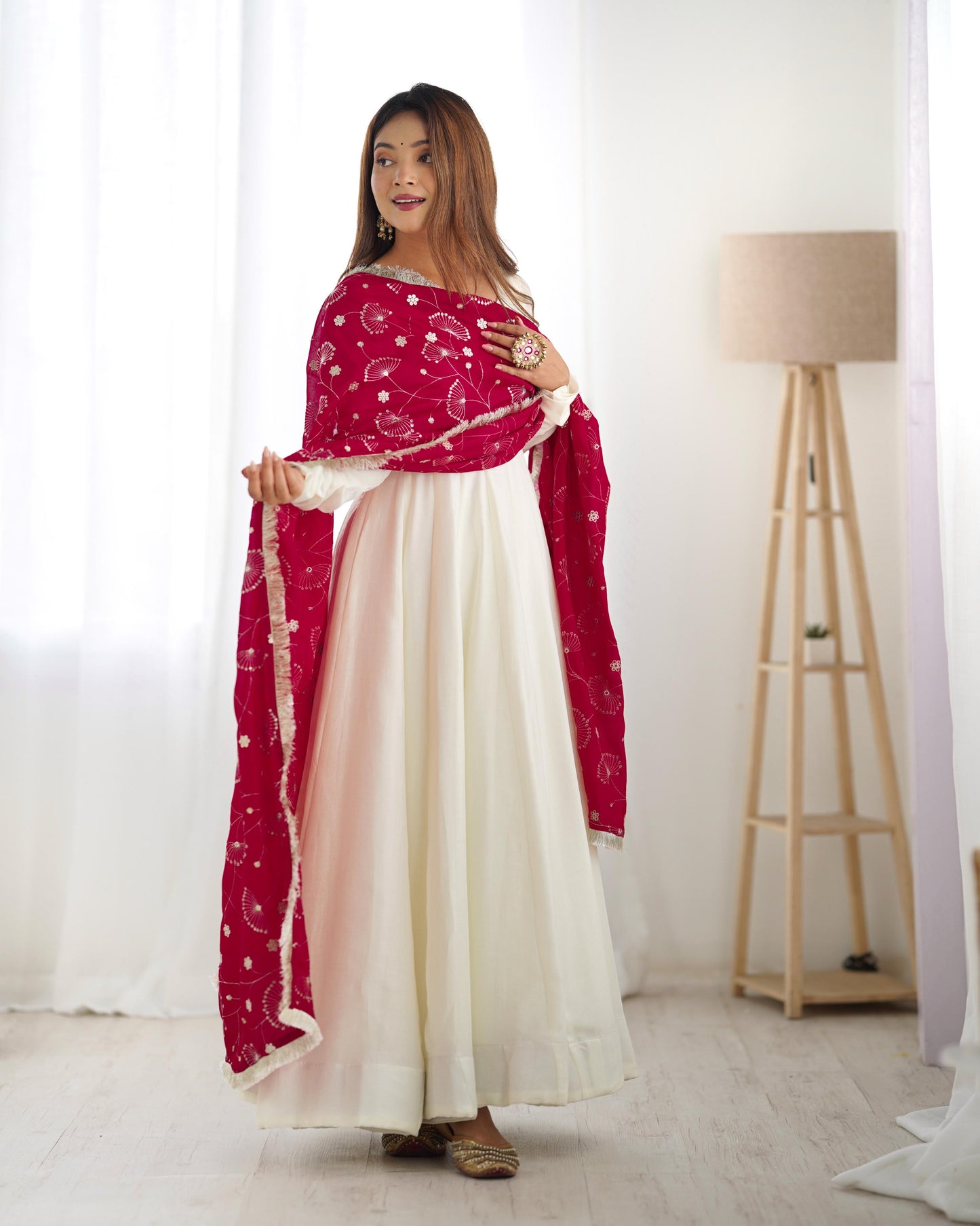 Winsome White Vichitra Silk Anarkali Pant Set With Beautiful Dupatta - INDIAN ELEGANCE