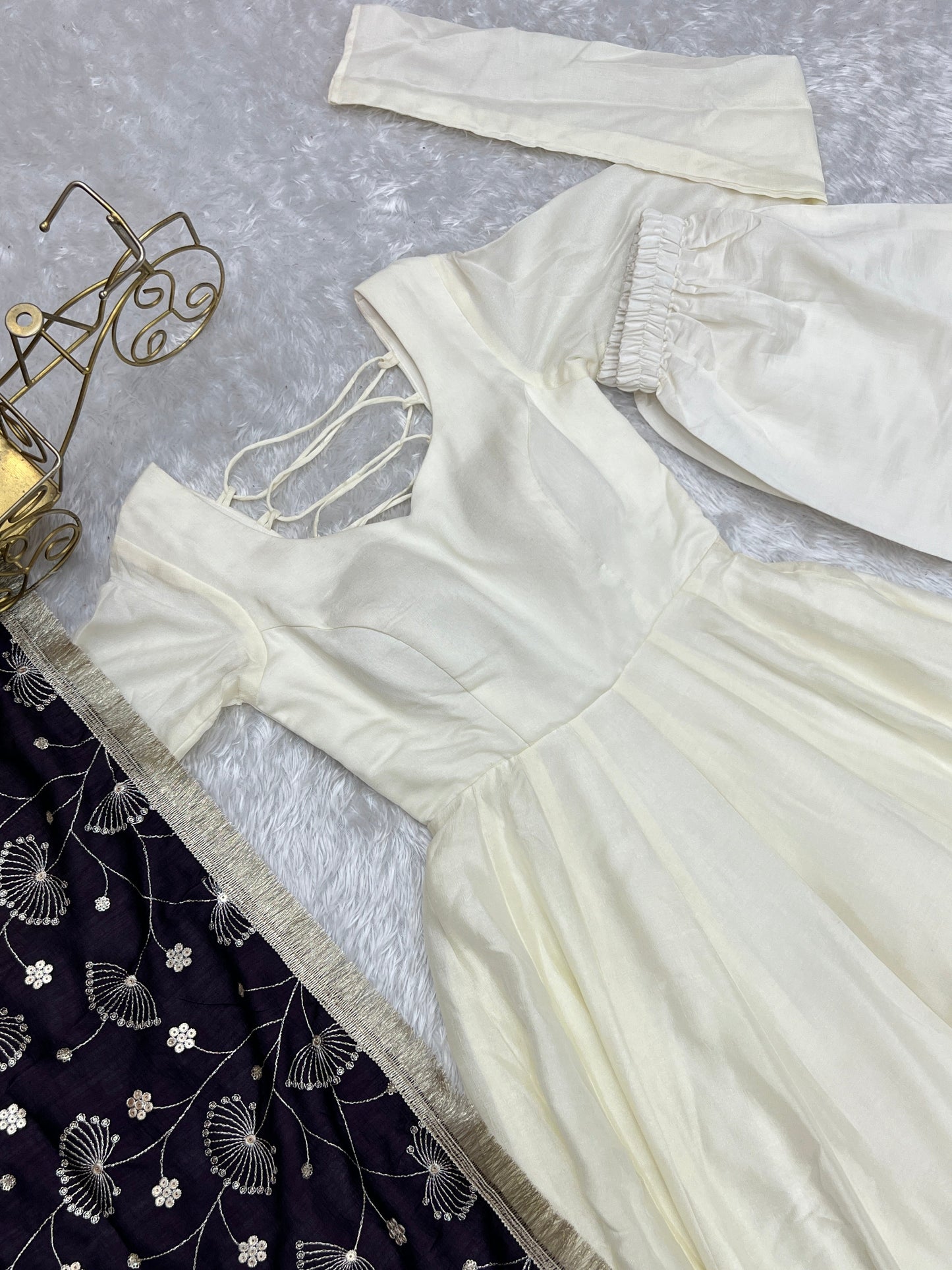 Winsome White Vichitra Silk Anarkali Pant Set With Beautiful Dupatta - INDIAN ELEGANCE