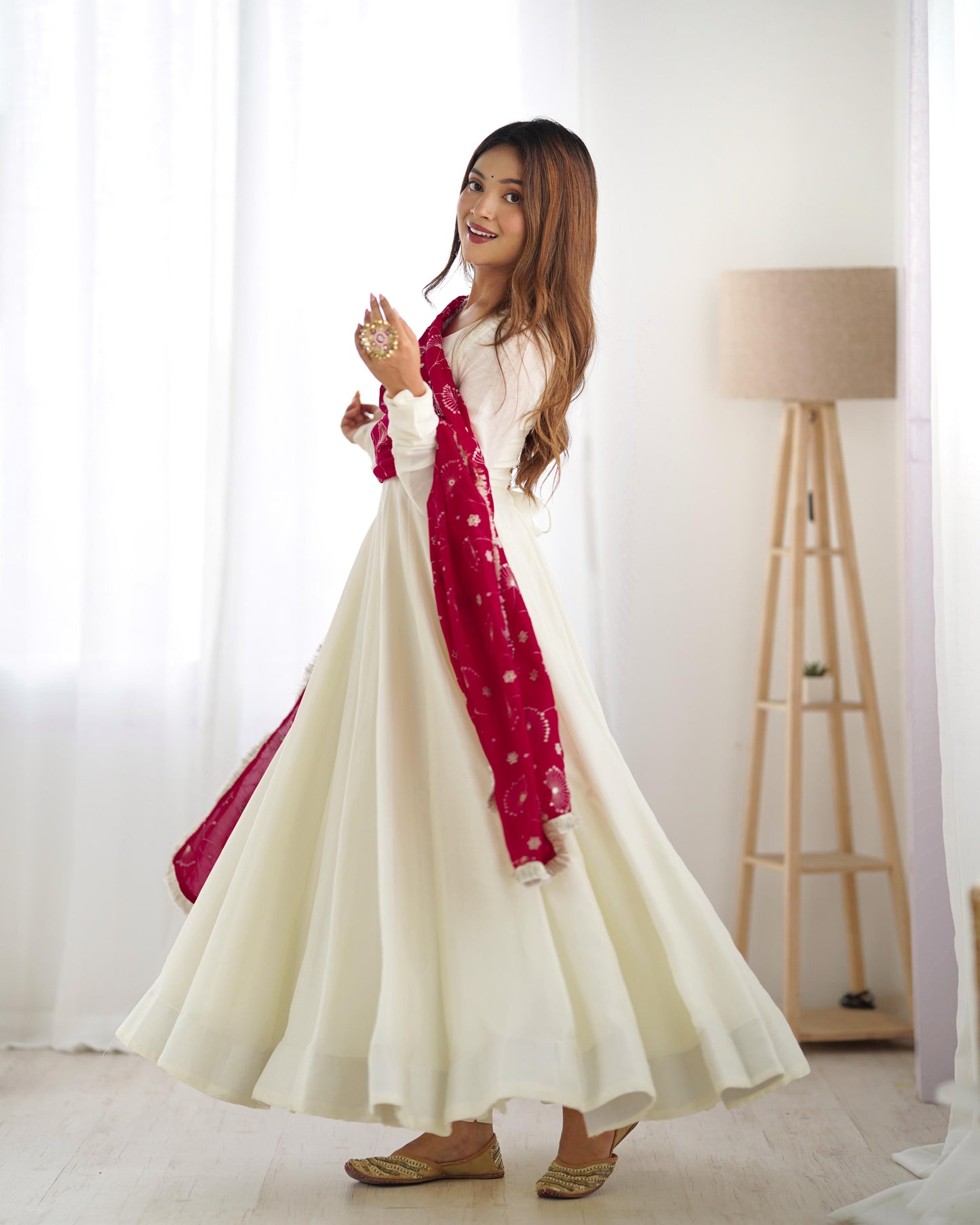 Winsome White Vichitra Silk Anarkali Pant Set With Beautiful Dupatta - INDIAN ELEGANCE