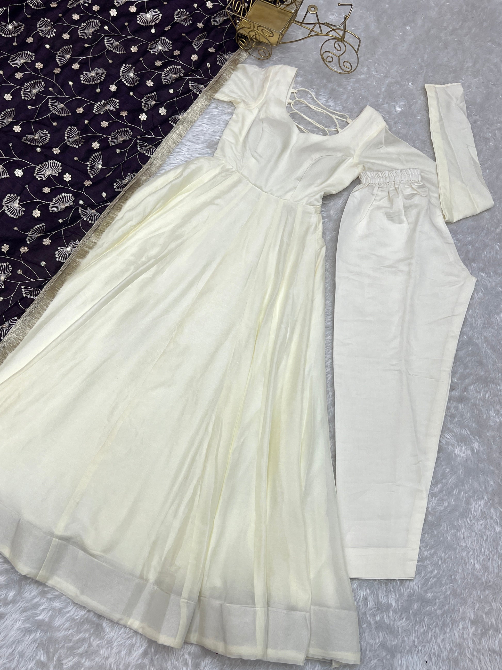 Winsome White Vichitra Silk Anarkali Pant Set With Beautiful Dupatta - INDIAN ELEGANCE