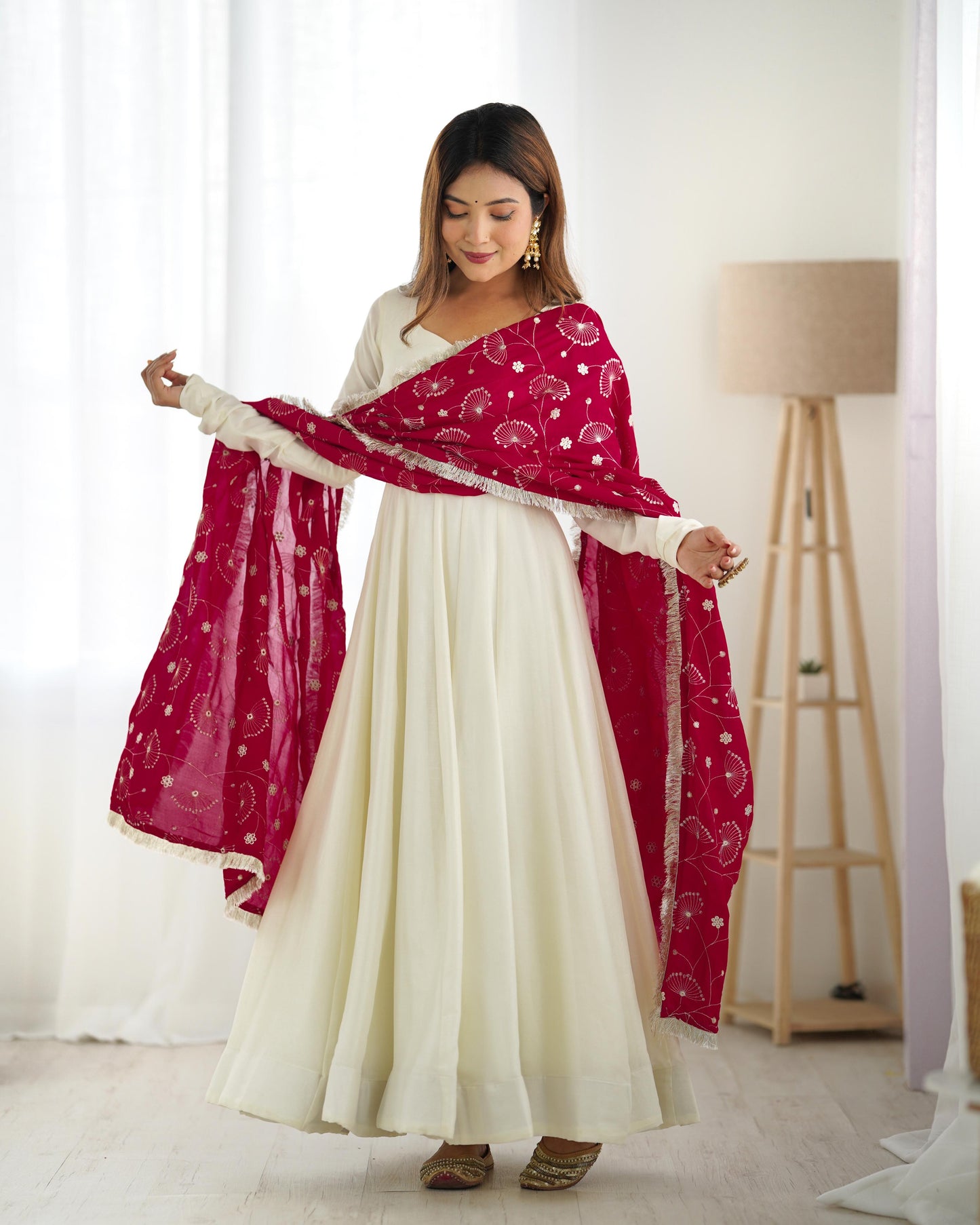 Winsome White Vichitra Silk Anarkali Pant Set With Beautiful Dupatta - INDIAN ELEGANCE