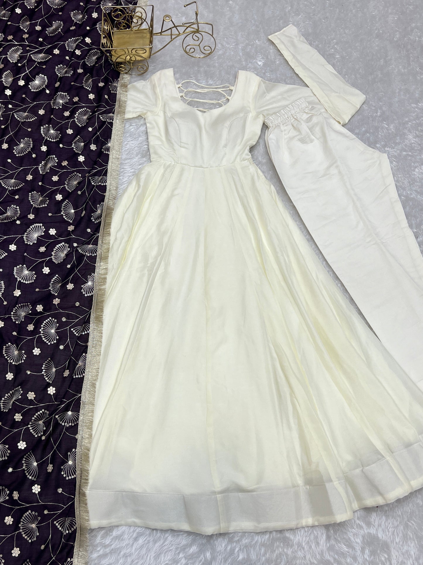 Winsome White Vichitra Silk Anarkali Pant Set With Beautiful Dupatta - INDIAN ELEGANCE