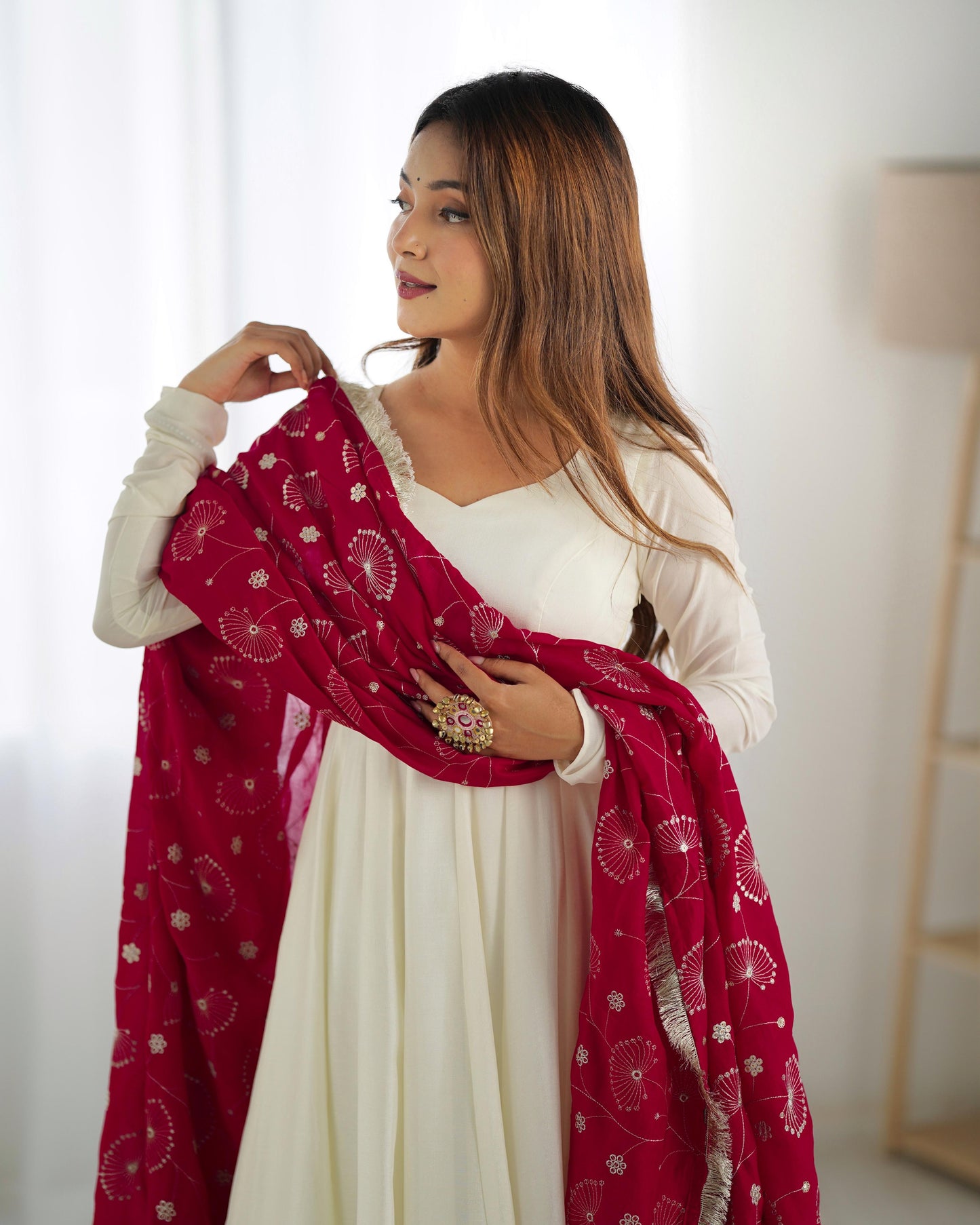 Winsome White Vichitra Silk Anarkali Pant Set With Beautiful Dupatta - INDIAN ELEGANCE