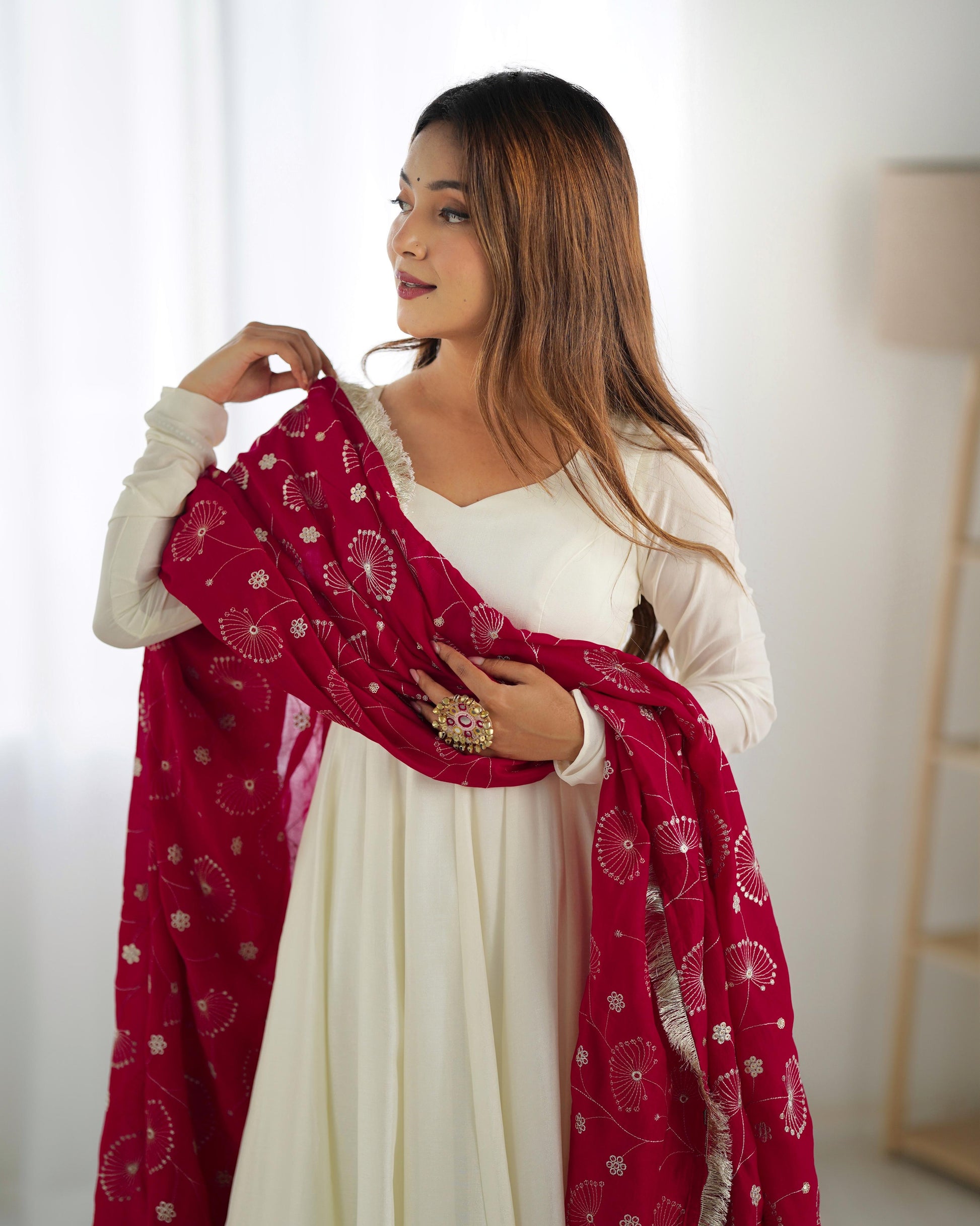 Winsome White Vichitra Silk Anarkali Pant Set With Beautiful Dupatta - INDIAN ELEGANCE