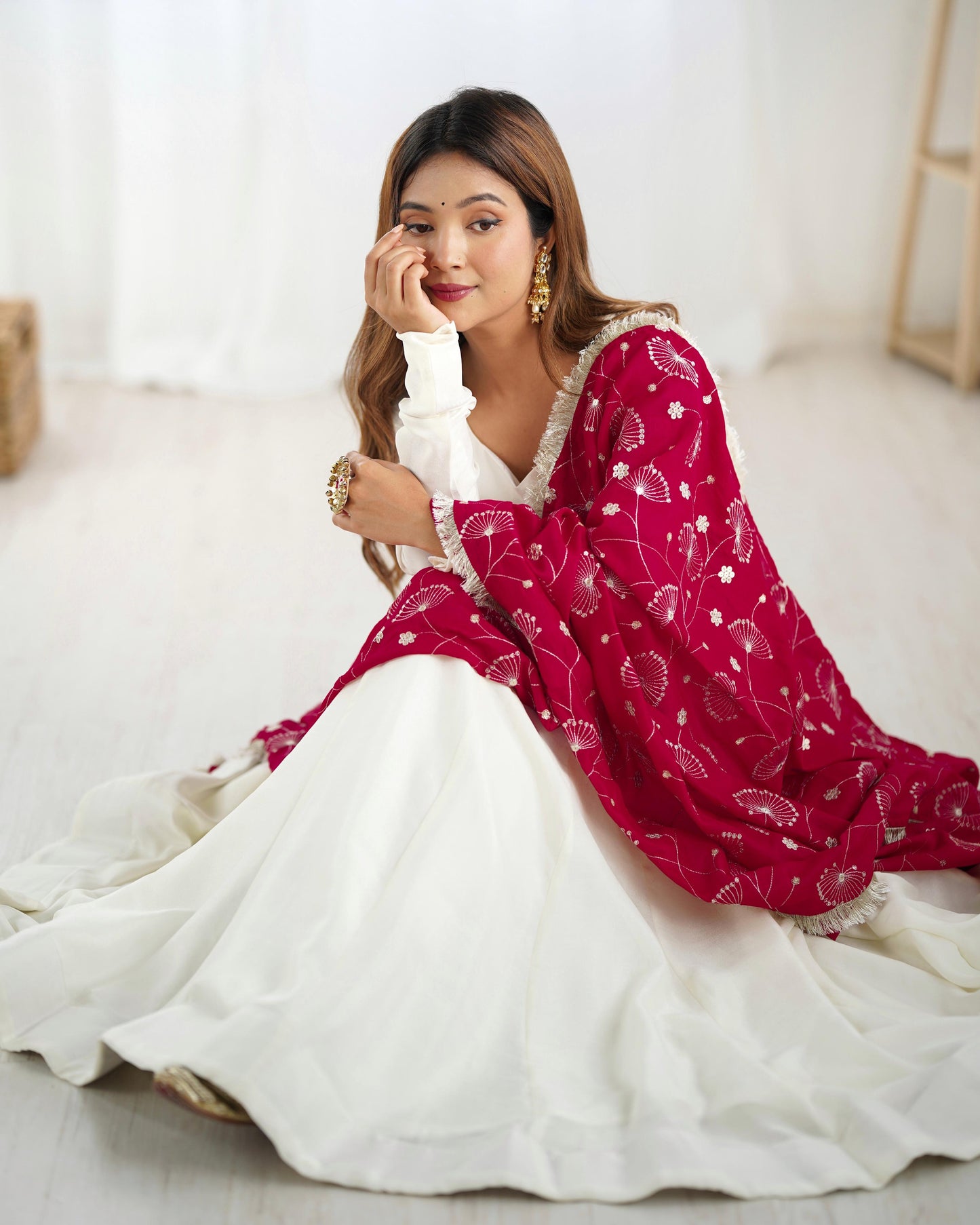 Winsome White Vichitra Silk Anarkali Pant Set With Beautiful Dupatta - INDIAN ELEGANCE