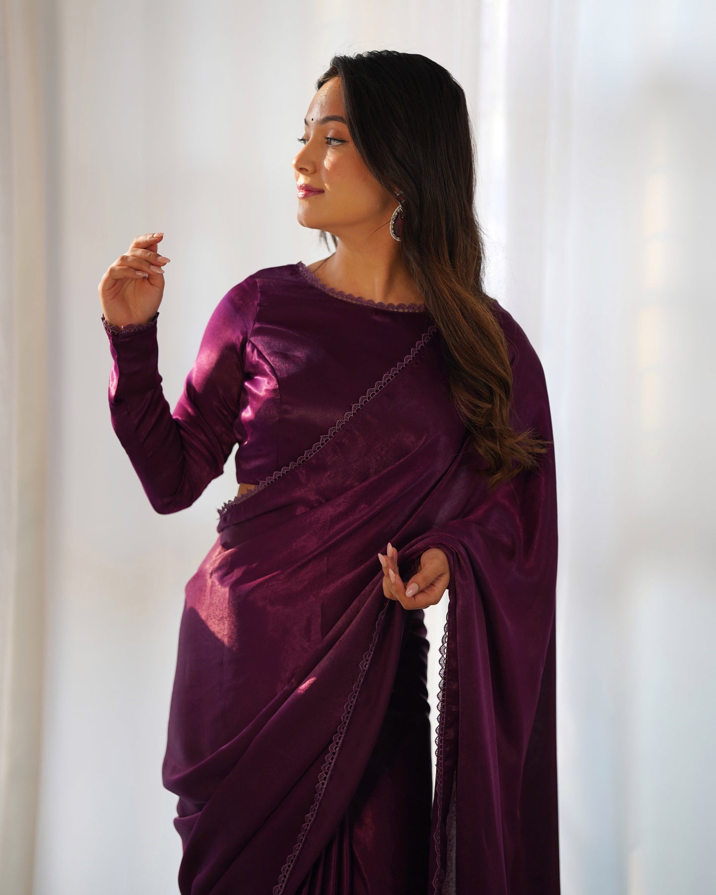 Radiant Wine Premium Marble Velvet Ready To Wear Saree - INDIAN ELEGANCE
