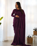 Royal Wine Premium Marble Velvet Ready To Wear Saree -Fully Stiched Padded Blouse