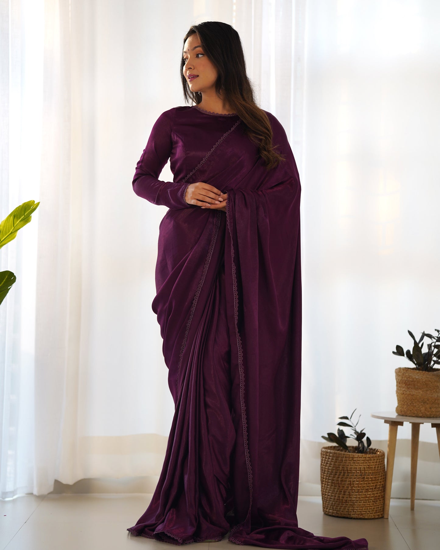 Radiant Wine Premium Marble Velvet Ready To Wear Saree - INDIAN ELEGANCE