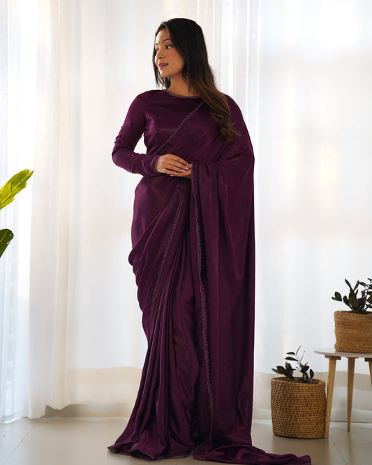 Radiant Wine Premium Marble Velvet Ready To Wear Saree - INDIAN ELEGANCE