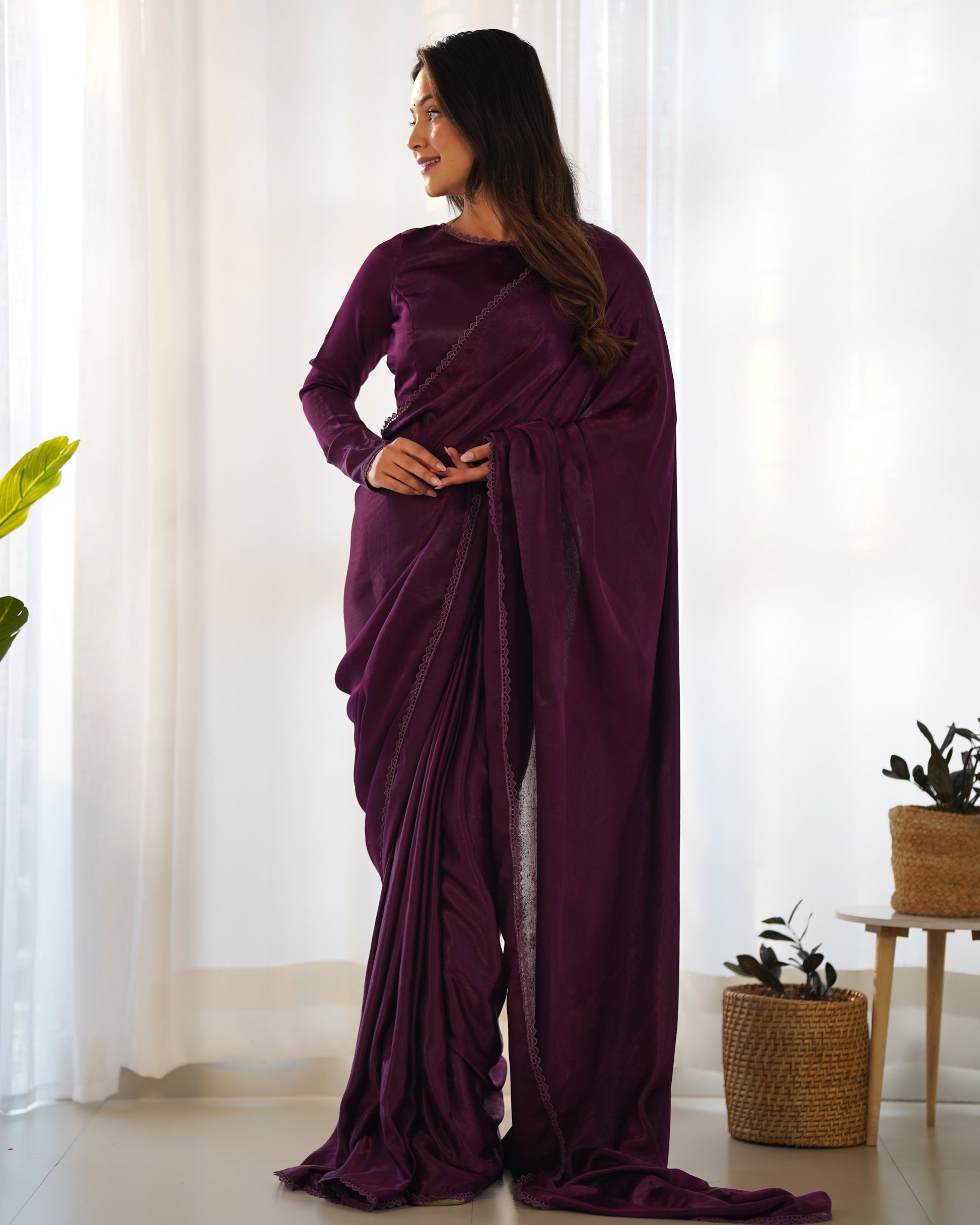 Radiant Wine Premium Marble Velvet Ready To Wear Saree - INDIAN ELEGANCE