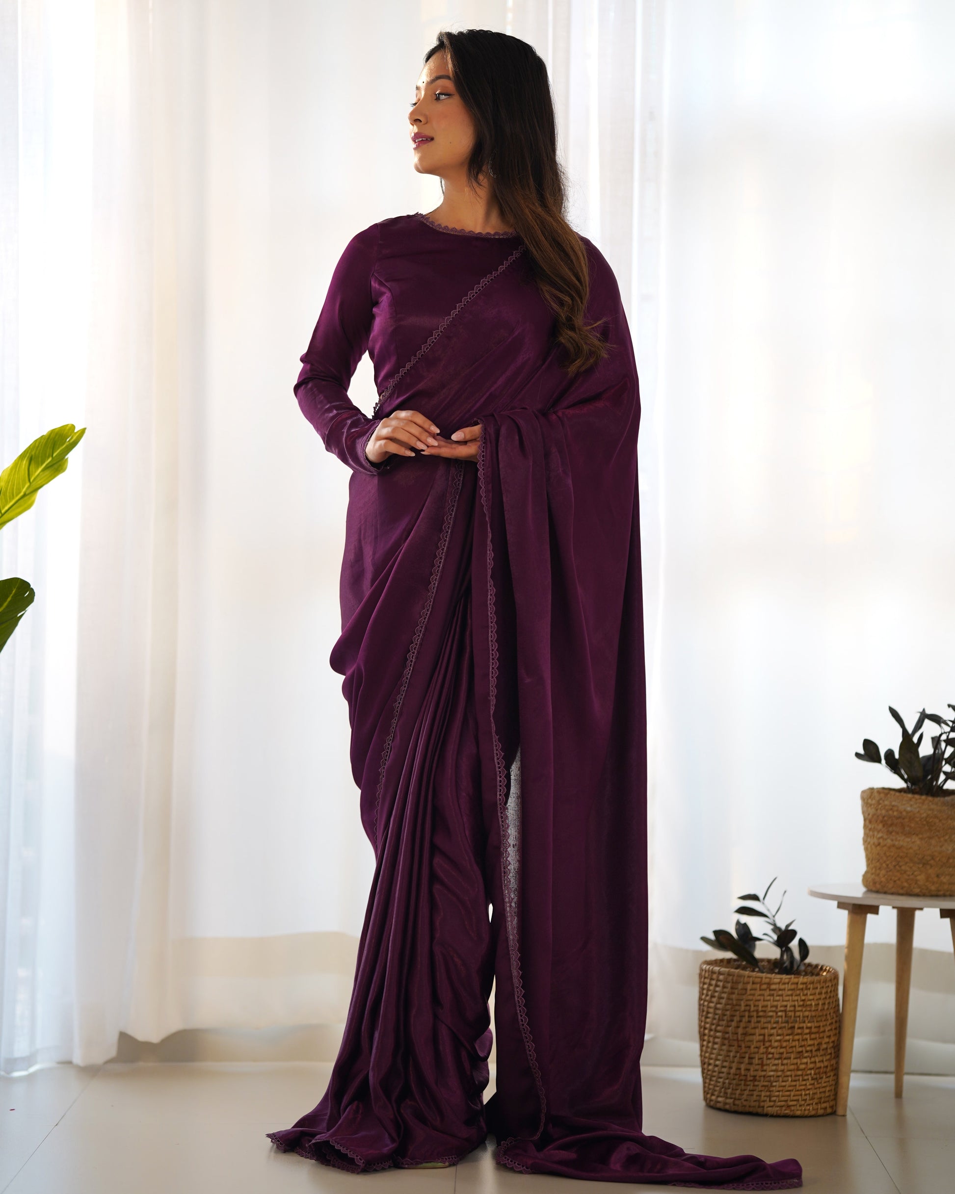 Radiant Wine Premium Marble Velvet Ready To Wear Saree - INDIAN ELEGANCE