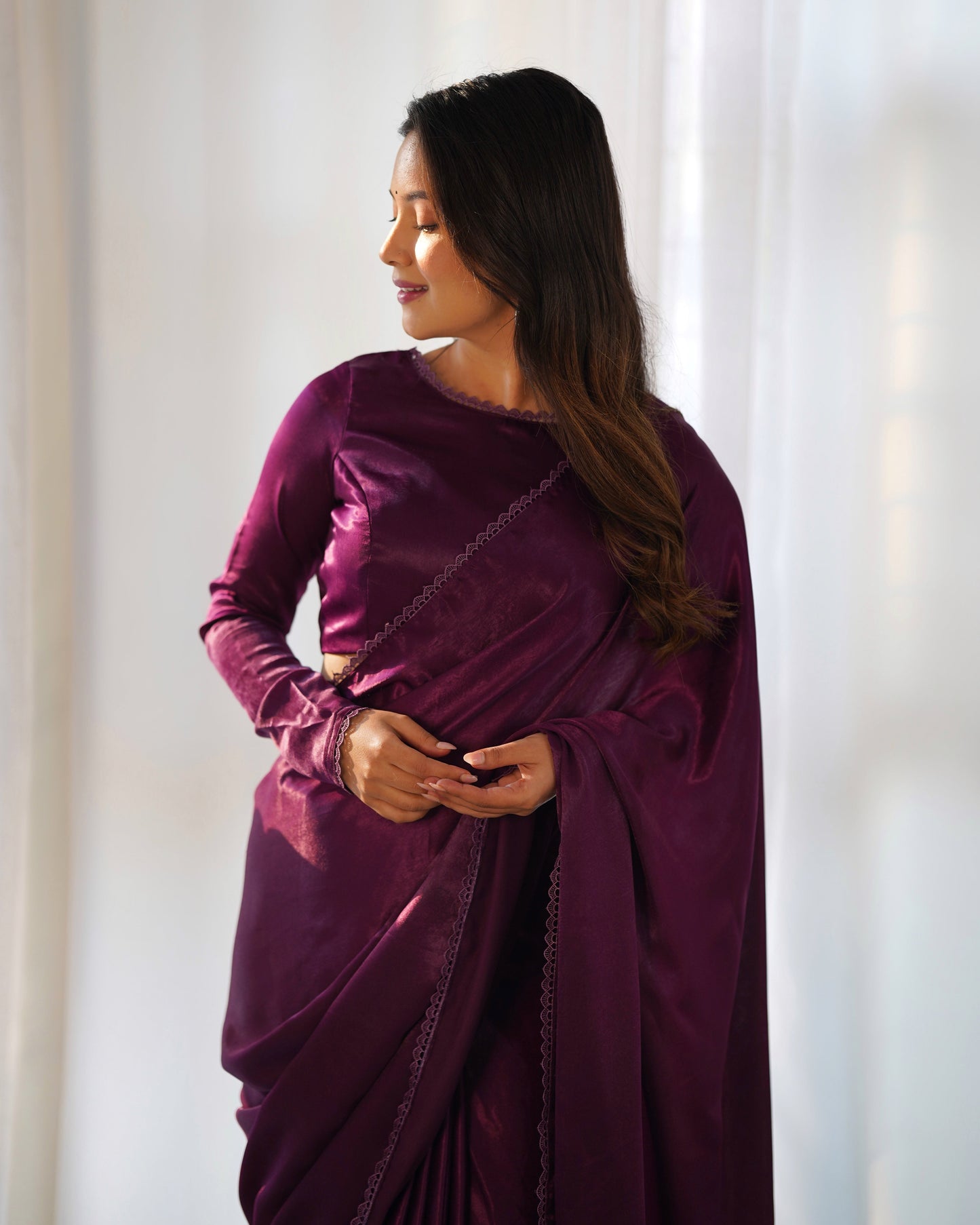 Radiant Wine Premium Marble Velvet Ready To Wear Saree - INDIAN ELEGANCE