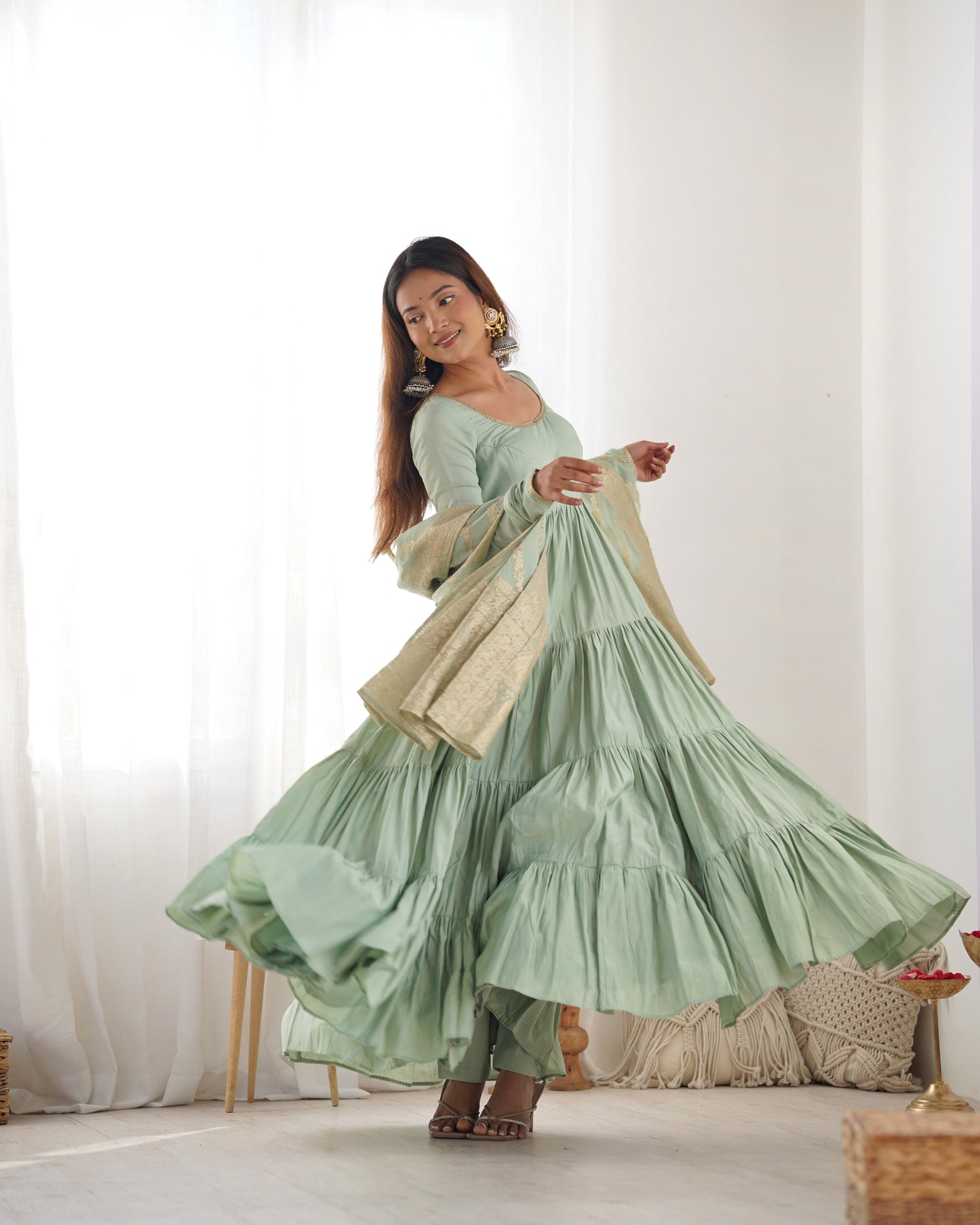 Elegant Pure Roman Silk 9 Mtr Flared Designer Anarkali Suit - INDIAN ELEGANCE