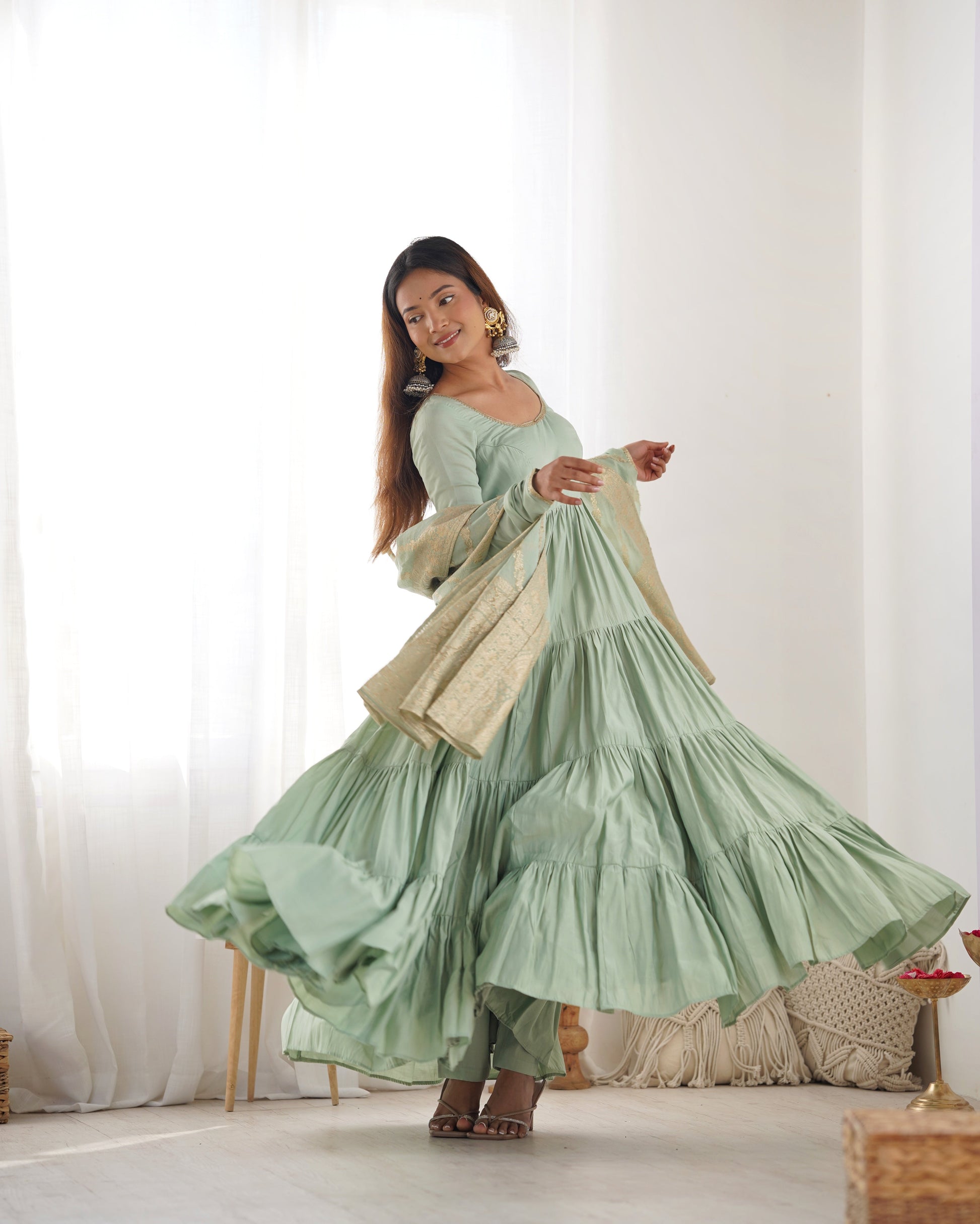 Elegant Pure Roman Silk 9 Mtr Flared Designer Anarkali Suit - INDIAN ELEGANCE