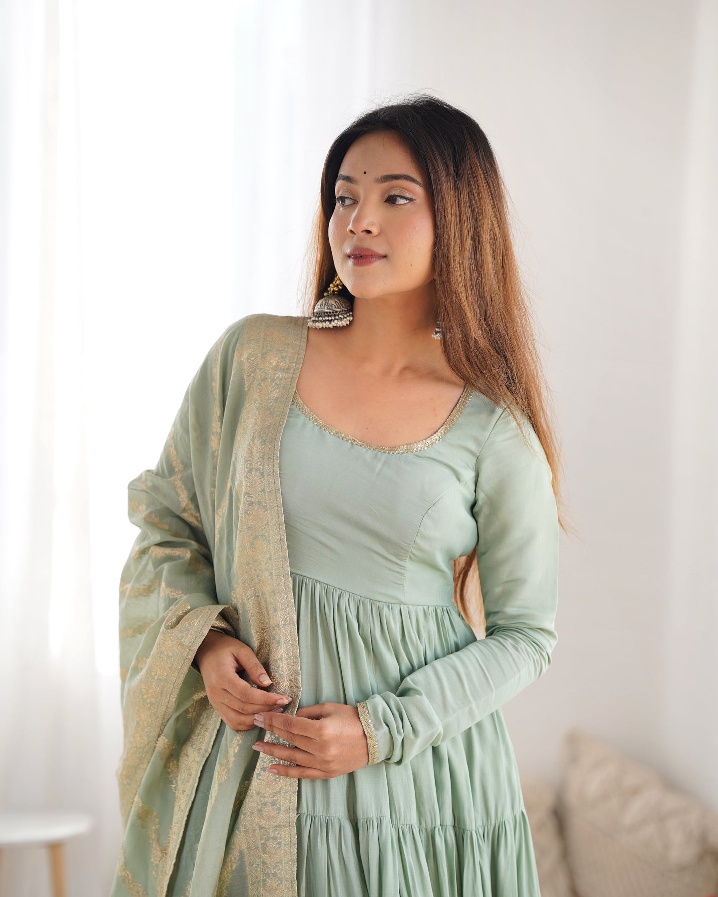 Elegant Pure Roman Silk 9 Mtr Flared Designer Anarkali Suit - INDIAN ELEGANCE