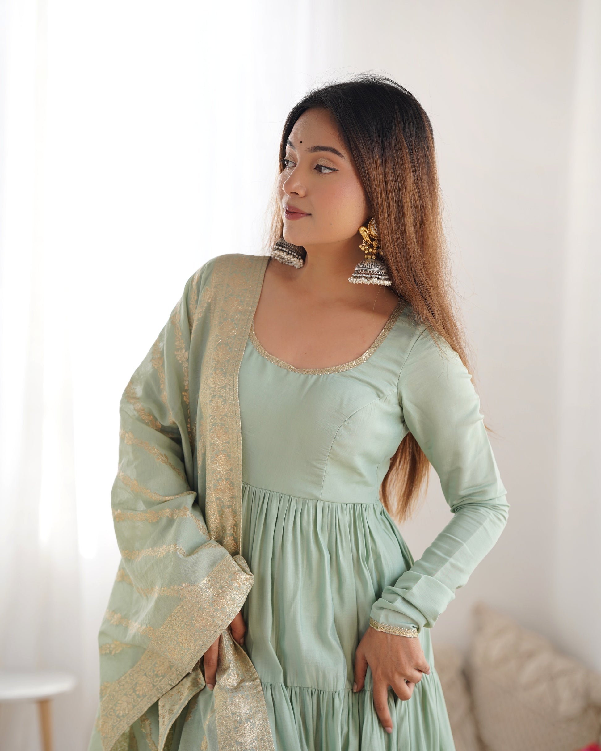 Elegant Pure Roman Silk 9 Mtr Flared Designer Anarkali Suit - INDIAN ELEGANCE