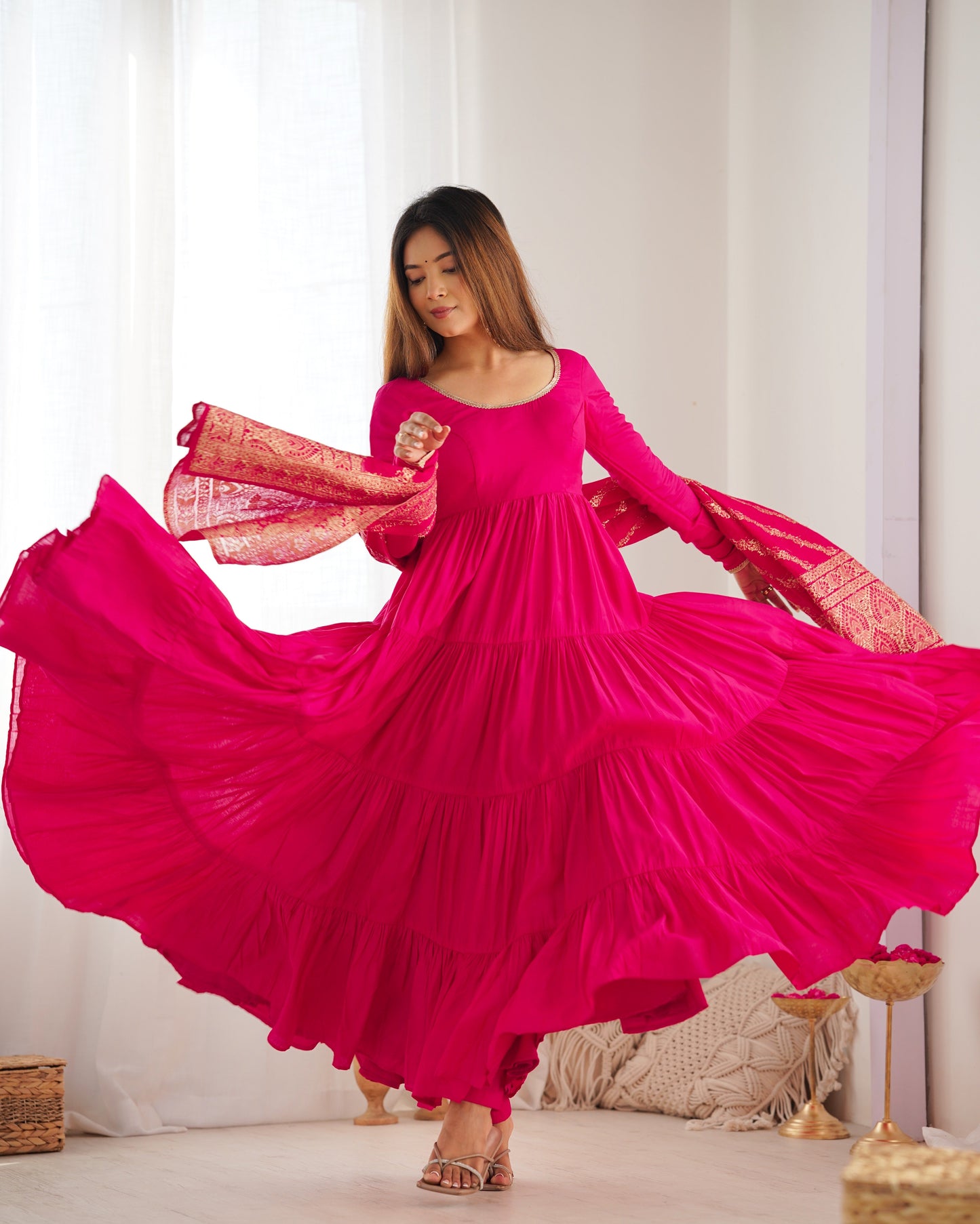 Elegant Pure Roman Silk 9 Mtr Flared Designer Anarkali Suit - INDIAN ELEGANCE