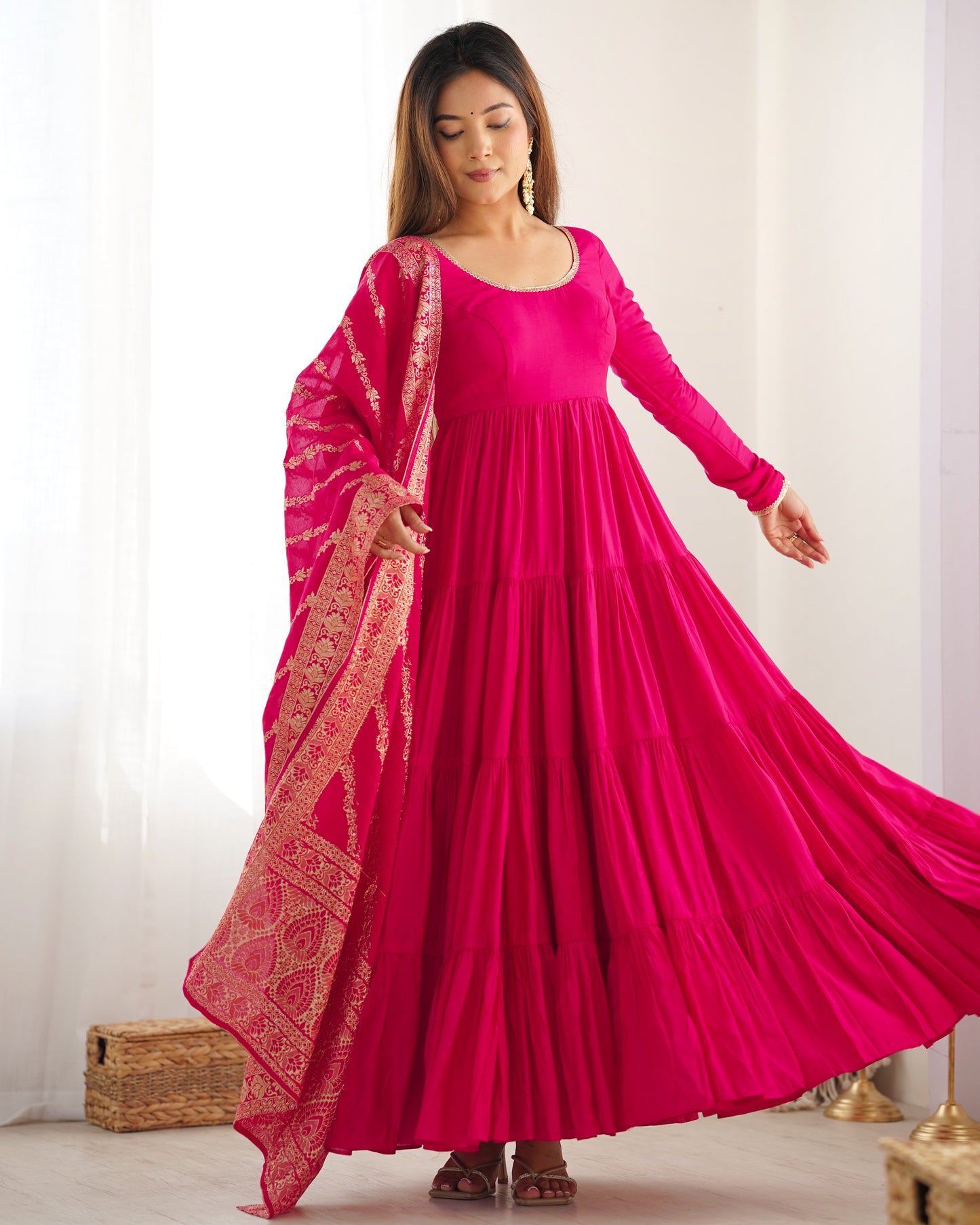 Elegant Pure Roman Silk 9 Mtr Flared Designer Anarkali Suit - INDIAN ELEGANCE