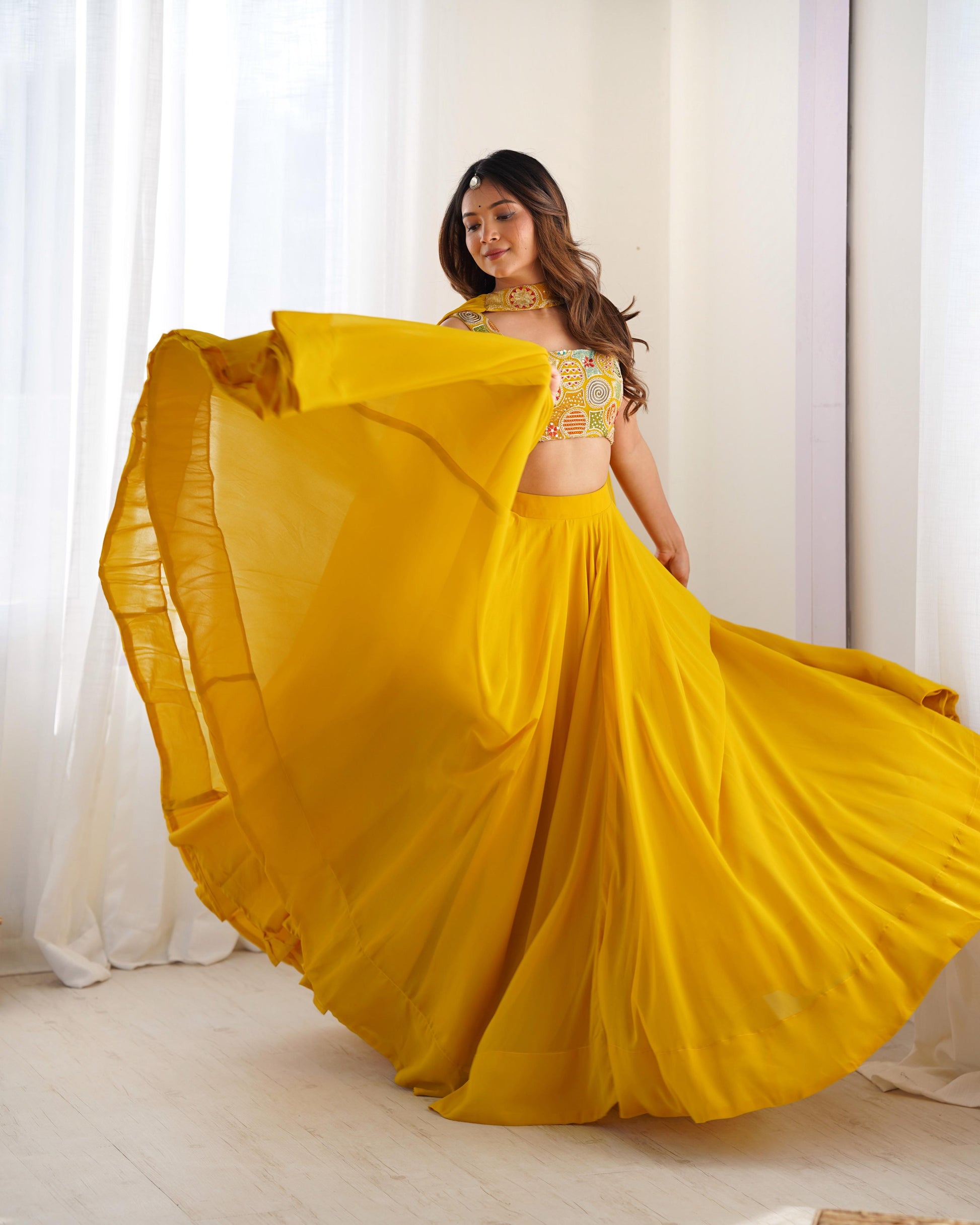 Amazing Yellow Pure Soft Faux Georgette Fully Stitched Lehenga Choli Set - INDIAN ELEGANCE