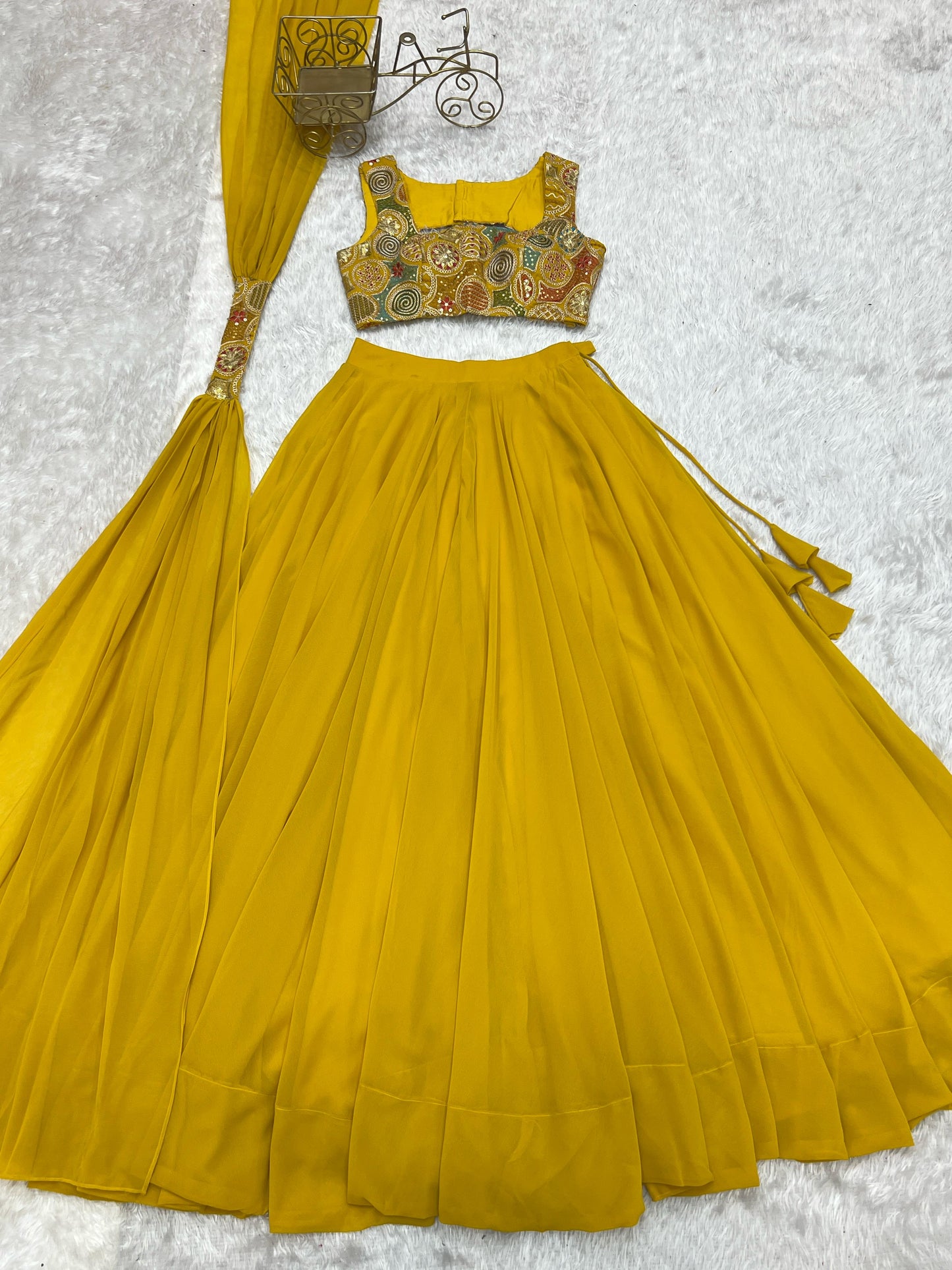 Amazing Yellow Pure Soft Faux Georgette Fully Stitched Lehenga Choli Set - INDIAN ELEGANCE