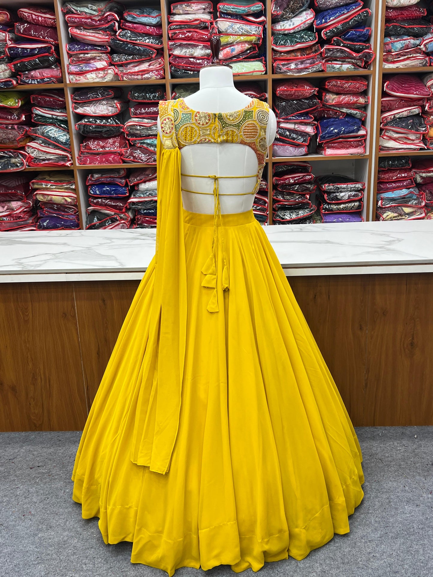 Amazing Yellow Pure Soft Faux Georgette Fully Stitched Lehenga Choli Set - INDIAN ELEGANCE
