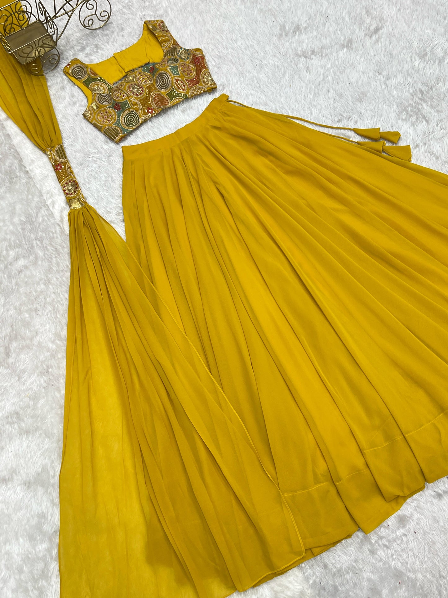 Amazing Yellow Pure Soft Faux Georgette Fully Stitched Lehenga Choli Set - INDIAN ELEGANCE