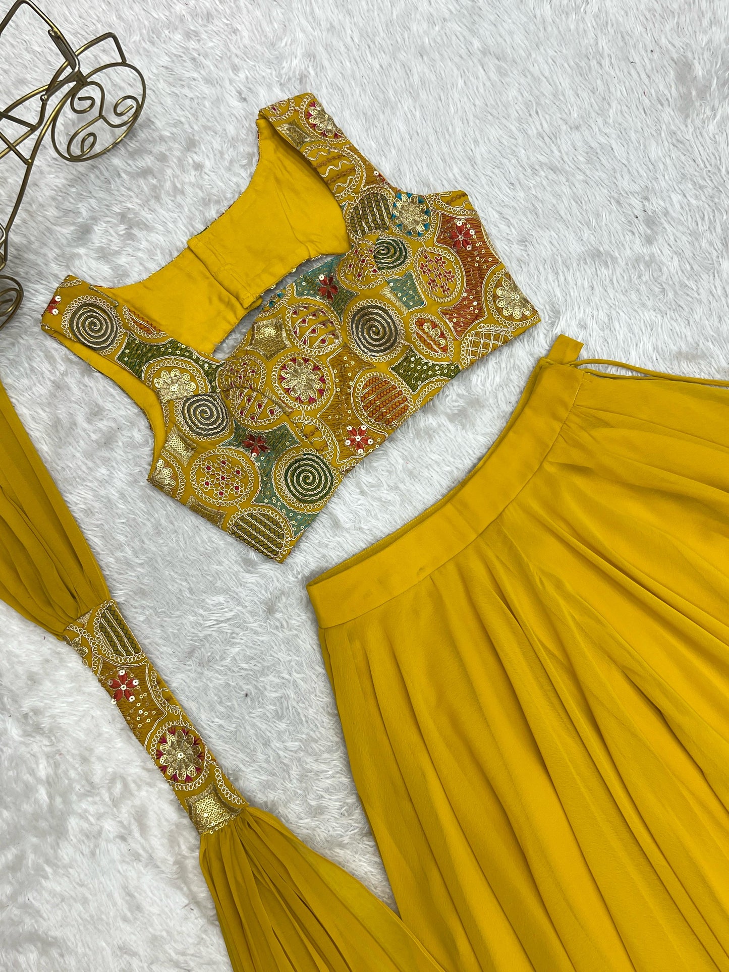 Amazing Yellow Pure Soft Faux Georgette Fully Stitched Lehenga Choli Set - INDIAN ELEGANCE