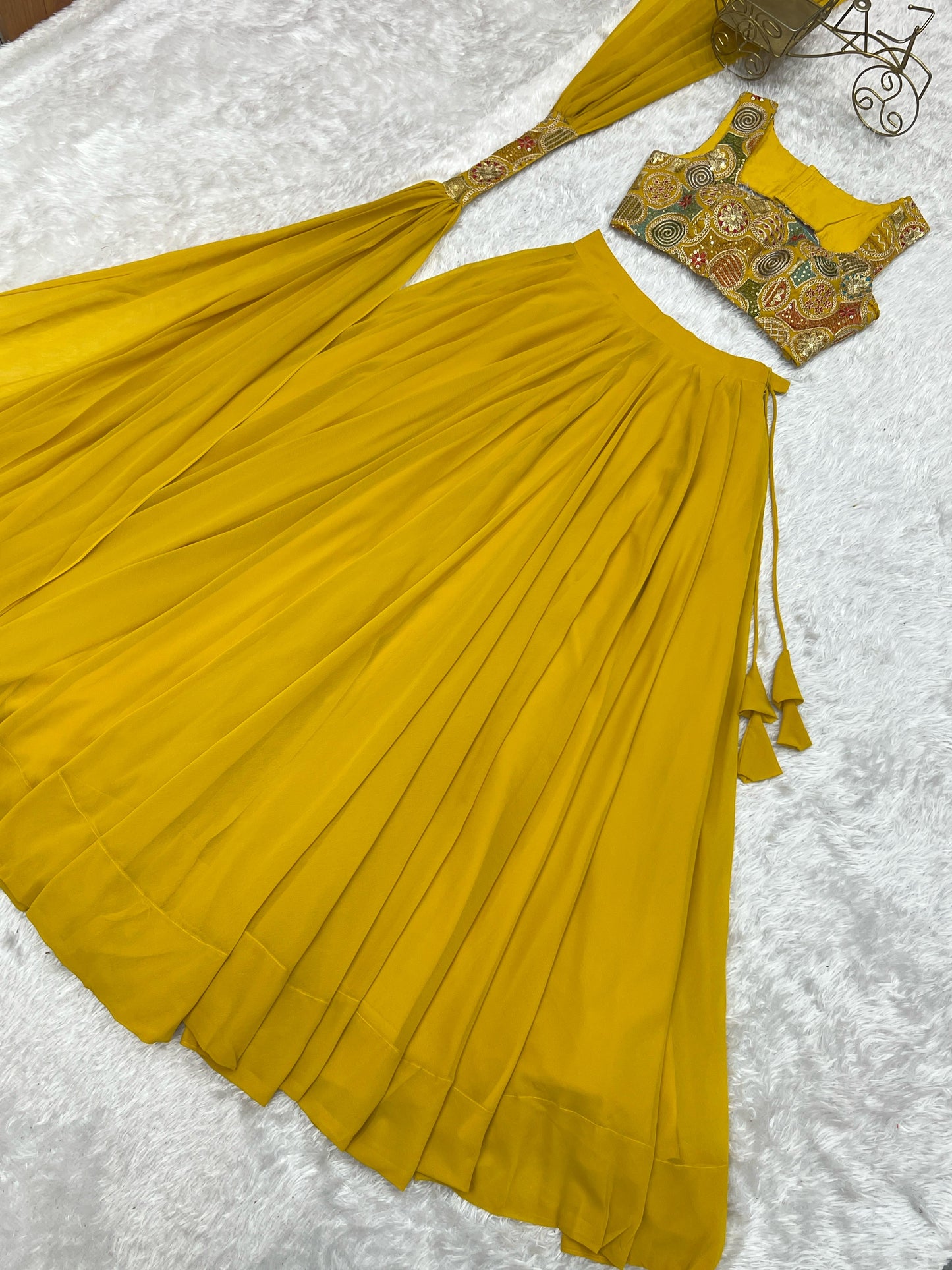 Amazing Yellow Pure Soft Faux Georgette Fully Stitched Lehenga Choli Set - INDIAN ELEGANCE