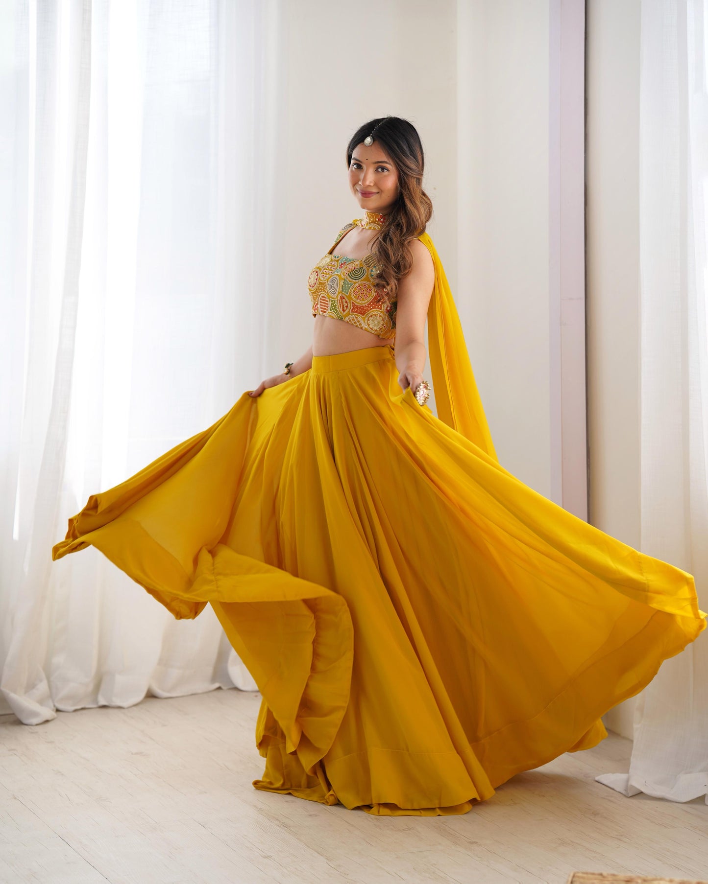 Amazing Yellow Pure Soft Faux Georgette Fully Stitched Lehenga Choli Set - INDIAN ELEGANCE
