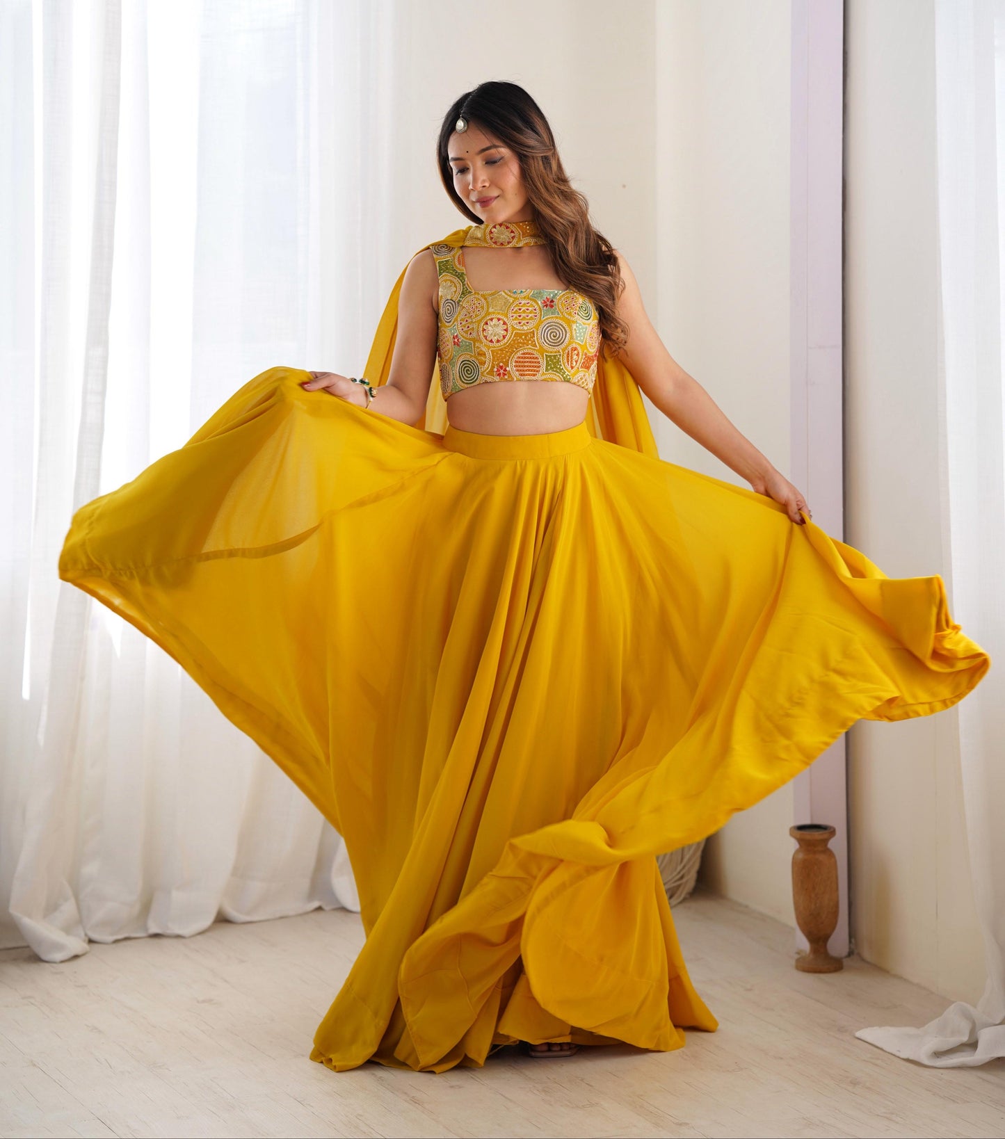 Amazing Yellow Pure Soft Faux Georgette Fully Stitched Lehenga Choli Set - INDIAN ELEGANCE