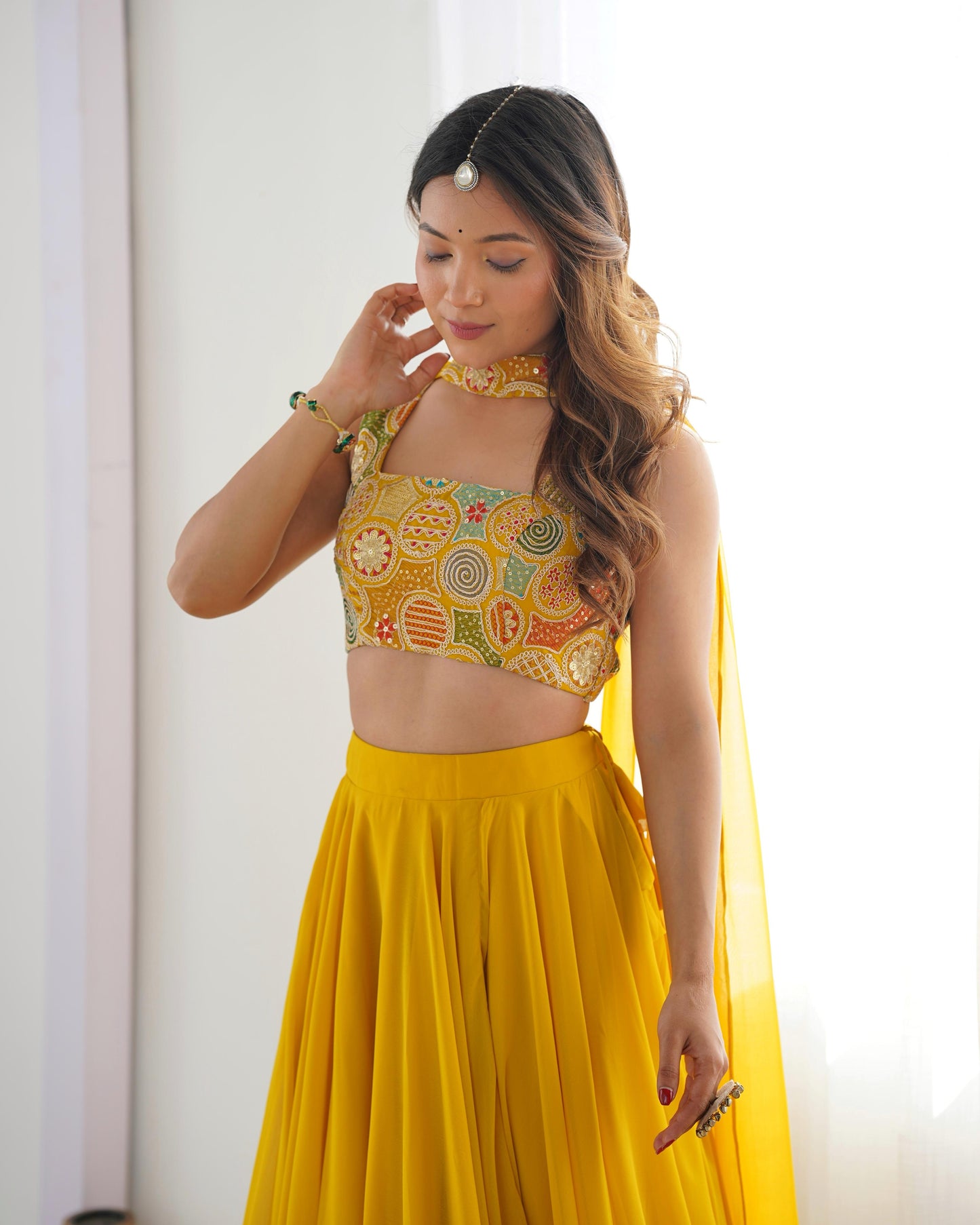 Amazing Yellow Pure Soft Faux Georgette Fully Stitched Lehenga Choli Set - INDIAN ELEGANCE