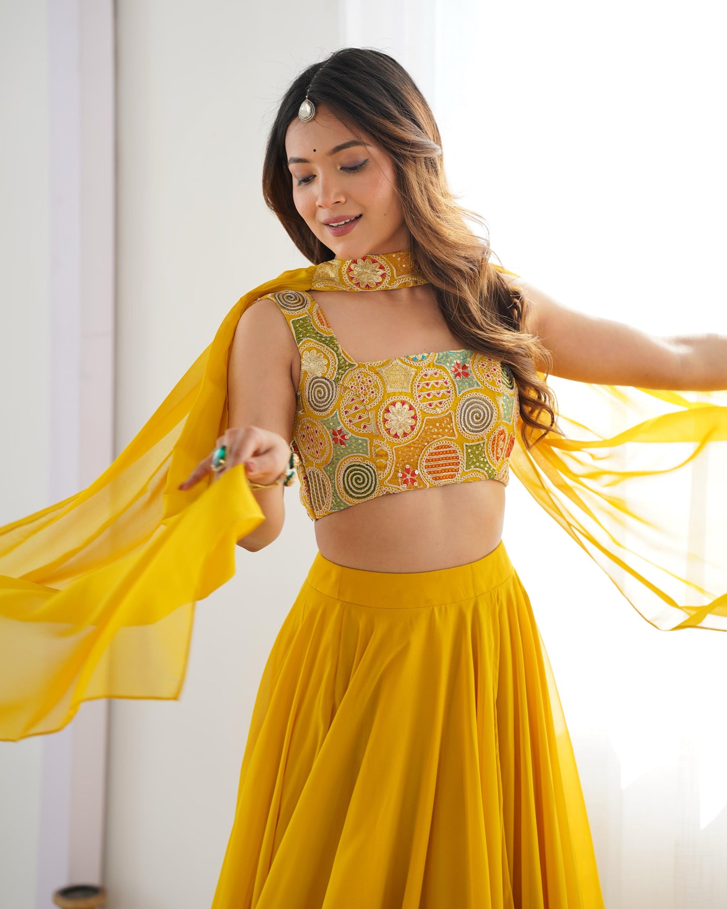 Amazing Yellow Pure Soft Faux Georgette Fully Stitched Lehenga Choli Set - INDIAN ELEGANCE